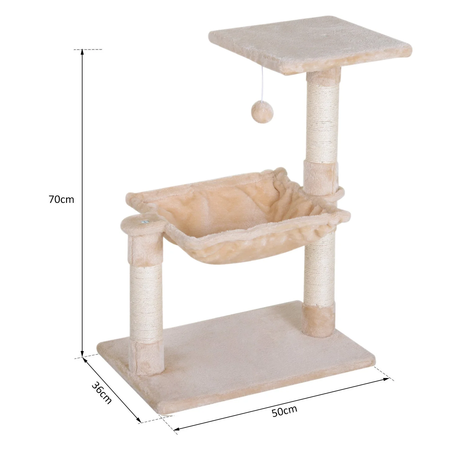 PawHut Cat Tree Hammock Bed Natural Sisal Scratching Post w/ Dangle Toy 2 Tier 70cm Pet Scratch Stand - Image 3