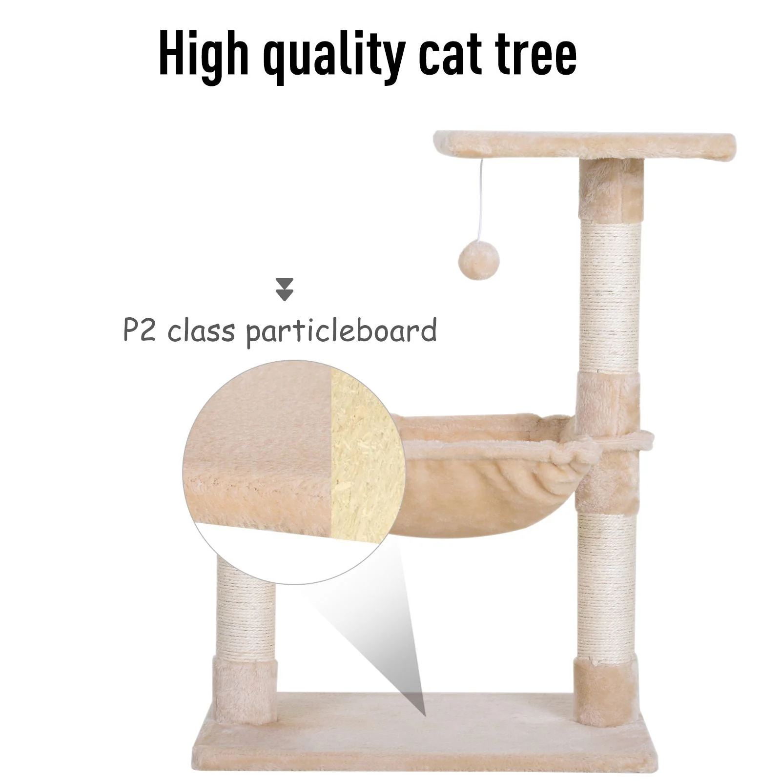 PawHut Cat Tree Hammock Bed Natural Sisal Scratching Post w/ Dangle Toy 2 Tier 70cm Pet Scratch Stand - Image 4