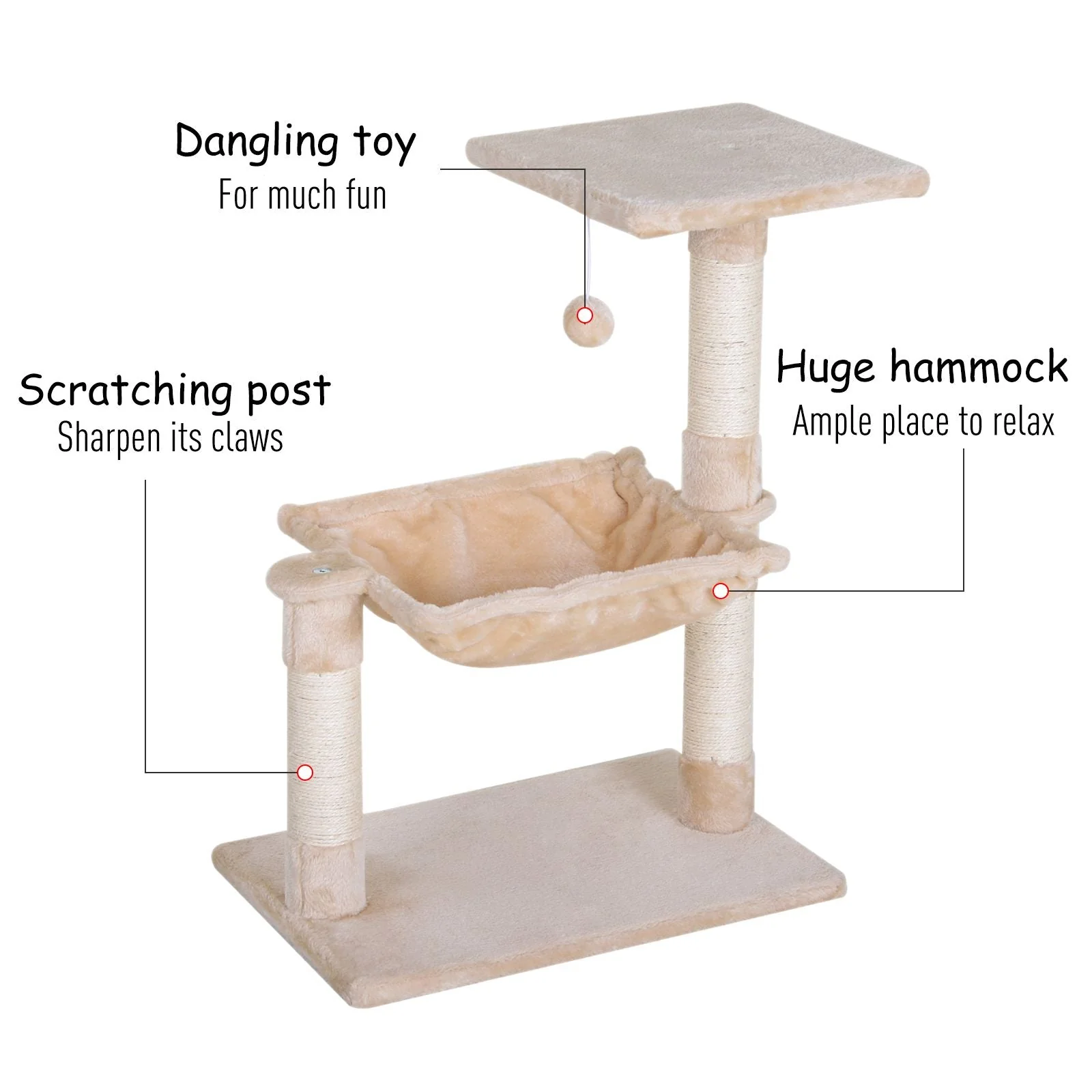 PawHut Cat Tree Hammock Bed Natural Sisal Scratching Post w/ Dangle Toy 2 Tier 70cm Pet Scratch Stand - Image 6