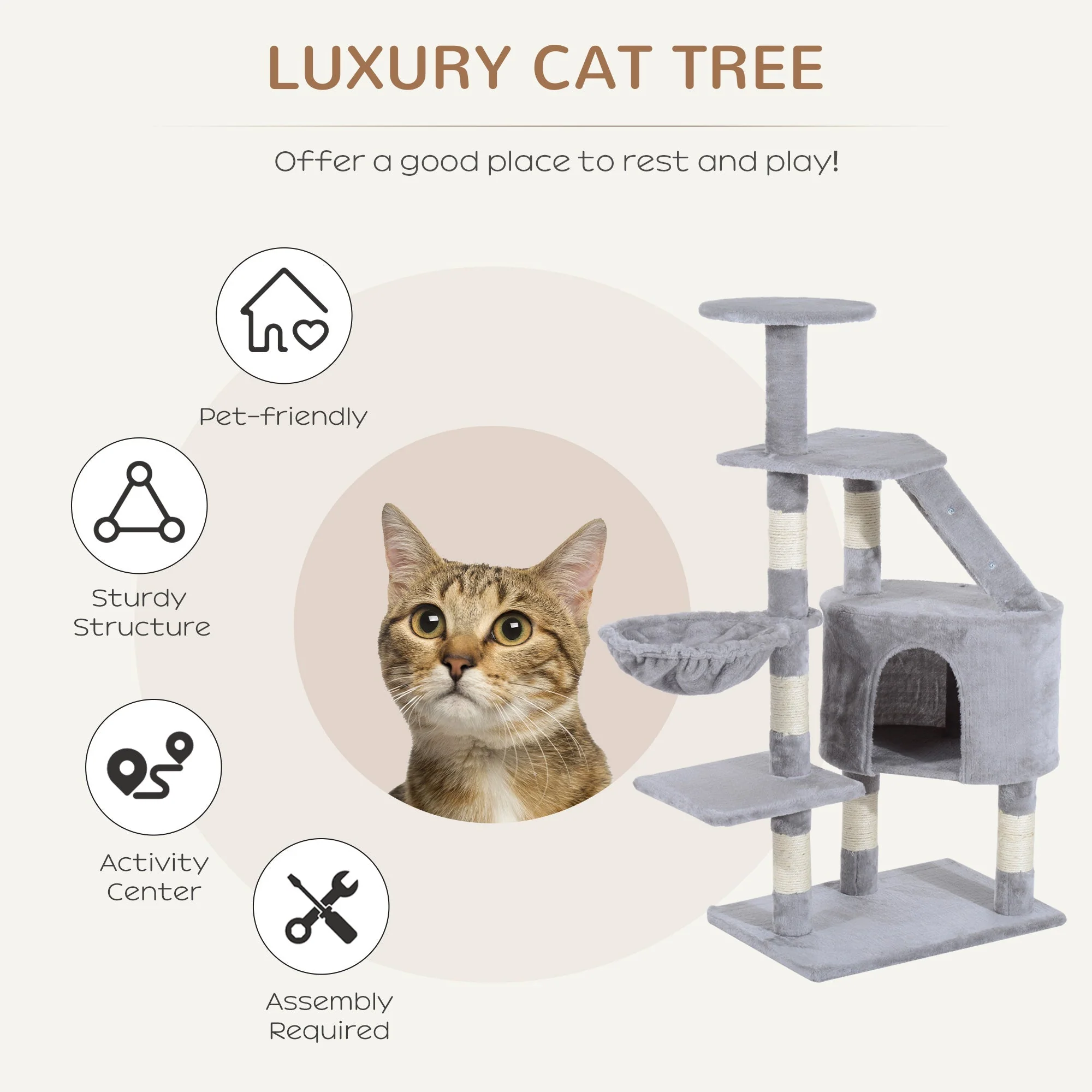 PawHut Cat Tree Kitten Scratching Post Activity Center Play House Pet Furniture 125cm Grey - Image 2