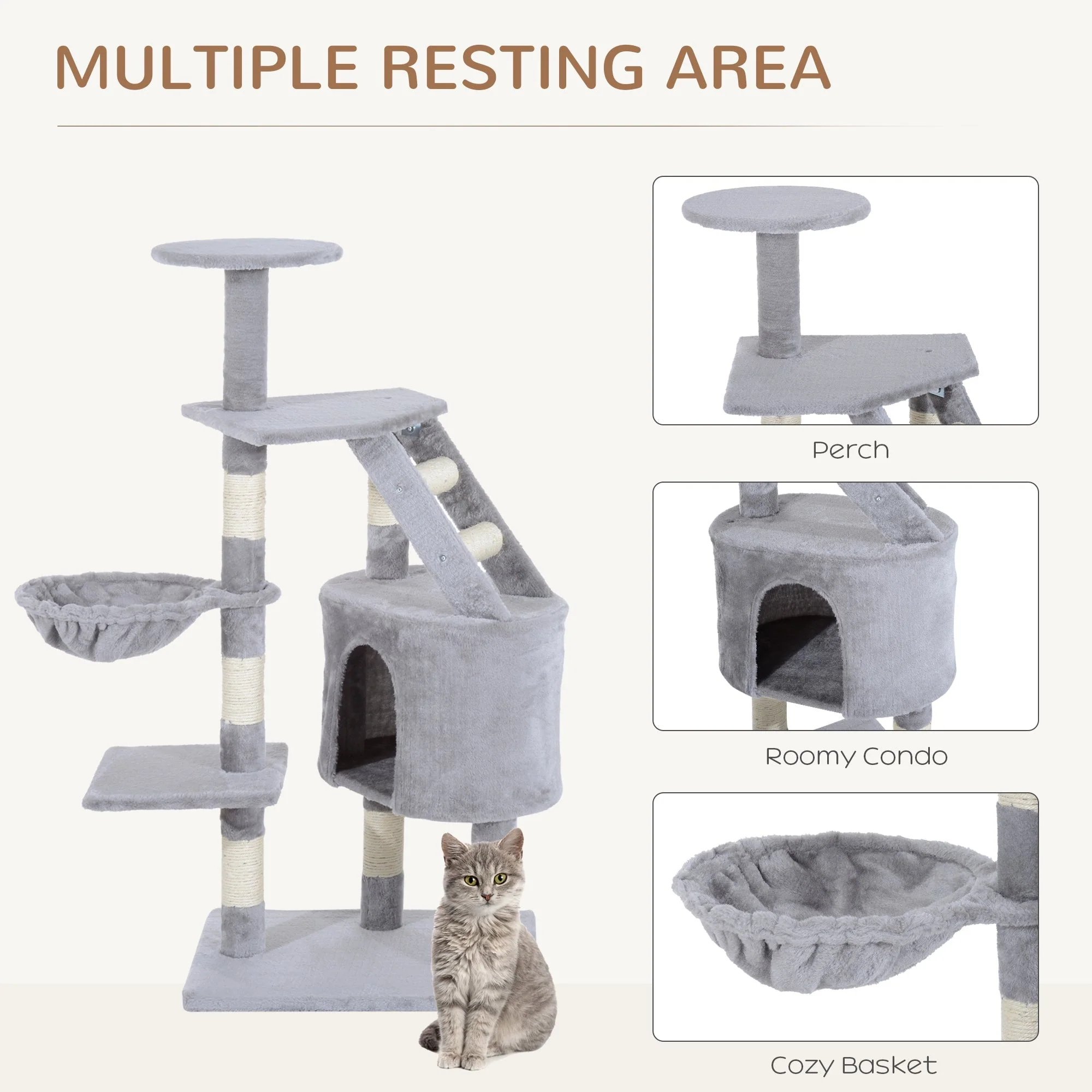 PawHut Cat Tree Kitten Scratching Post Activity Center Play House Pet Furniture 125cm Grey - Image 3
