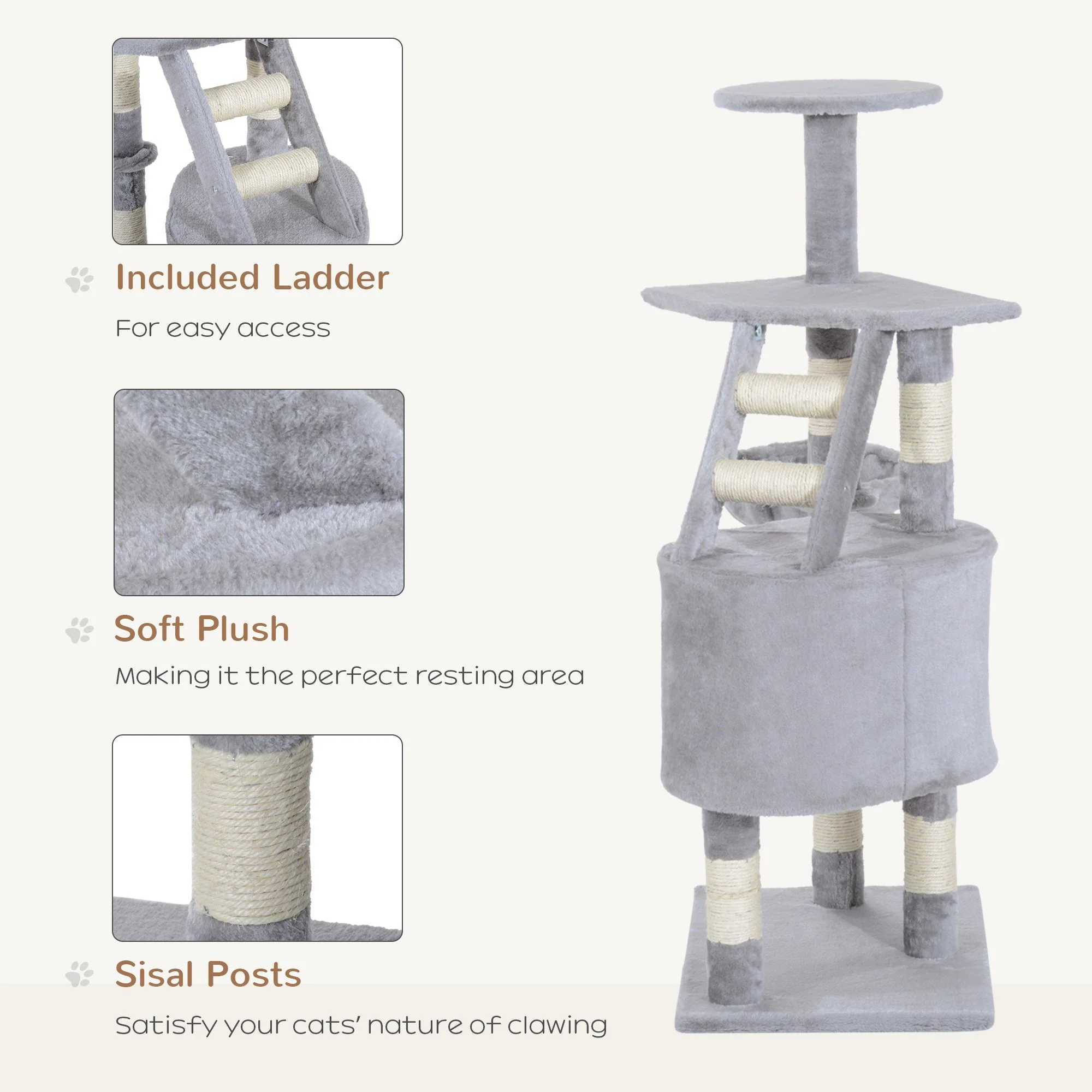 PawHut Cat Tree Kitten Scratching Post Activity Center Play House Pet Furniture 125cm Grey - Image 7