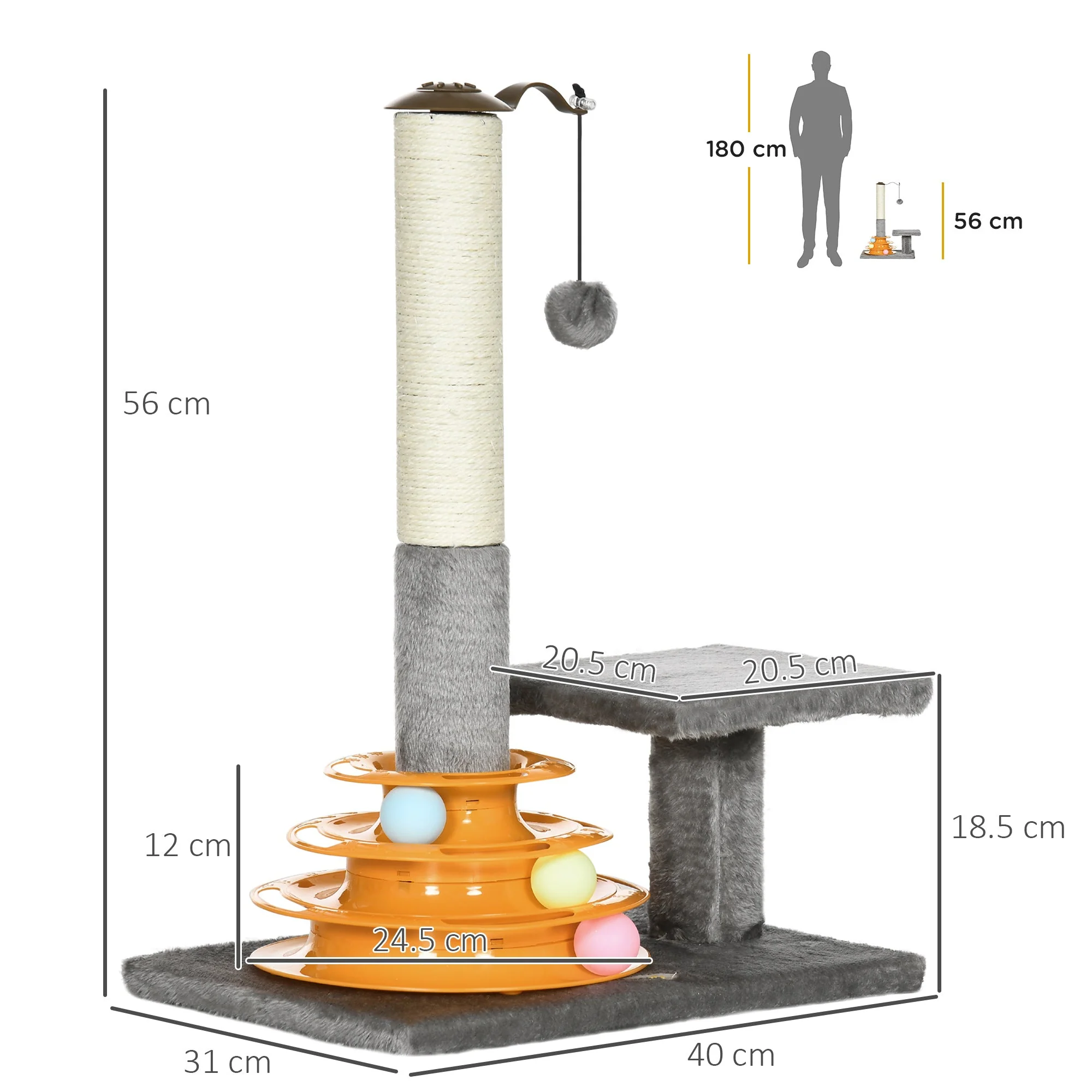 PawHut Cat Tree Tower Activity Center Climbing Stand Kitten House Furniture with Scratching Posts Toy abd Perch 56cm Grey - Image 2