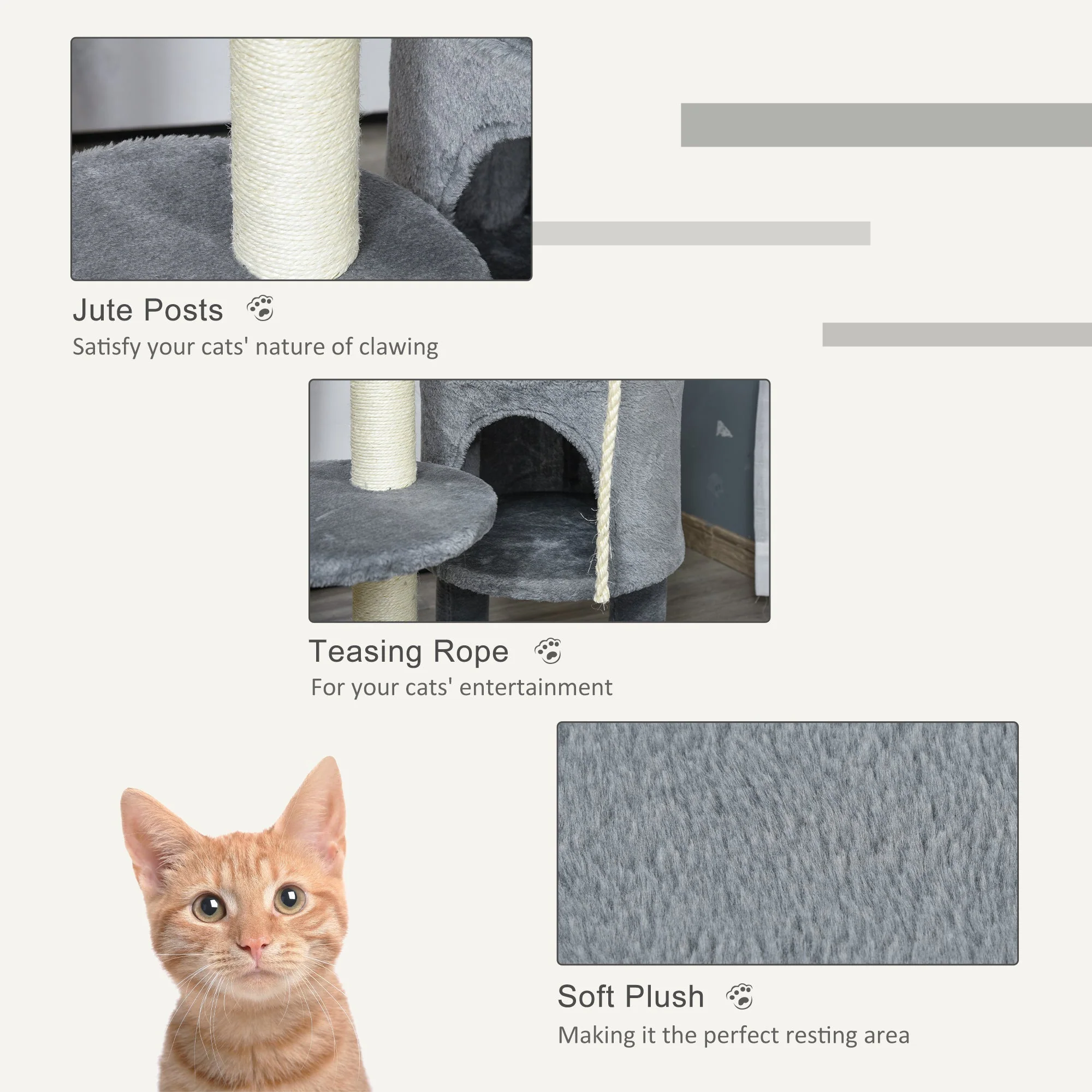 PawHut Cat Tree Tower Activity Center with Hanging Ball Toy Teasing Rope Dark grey - Image 5
