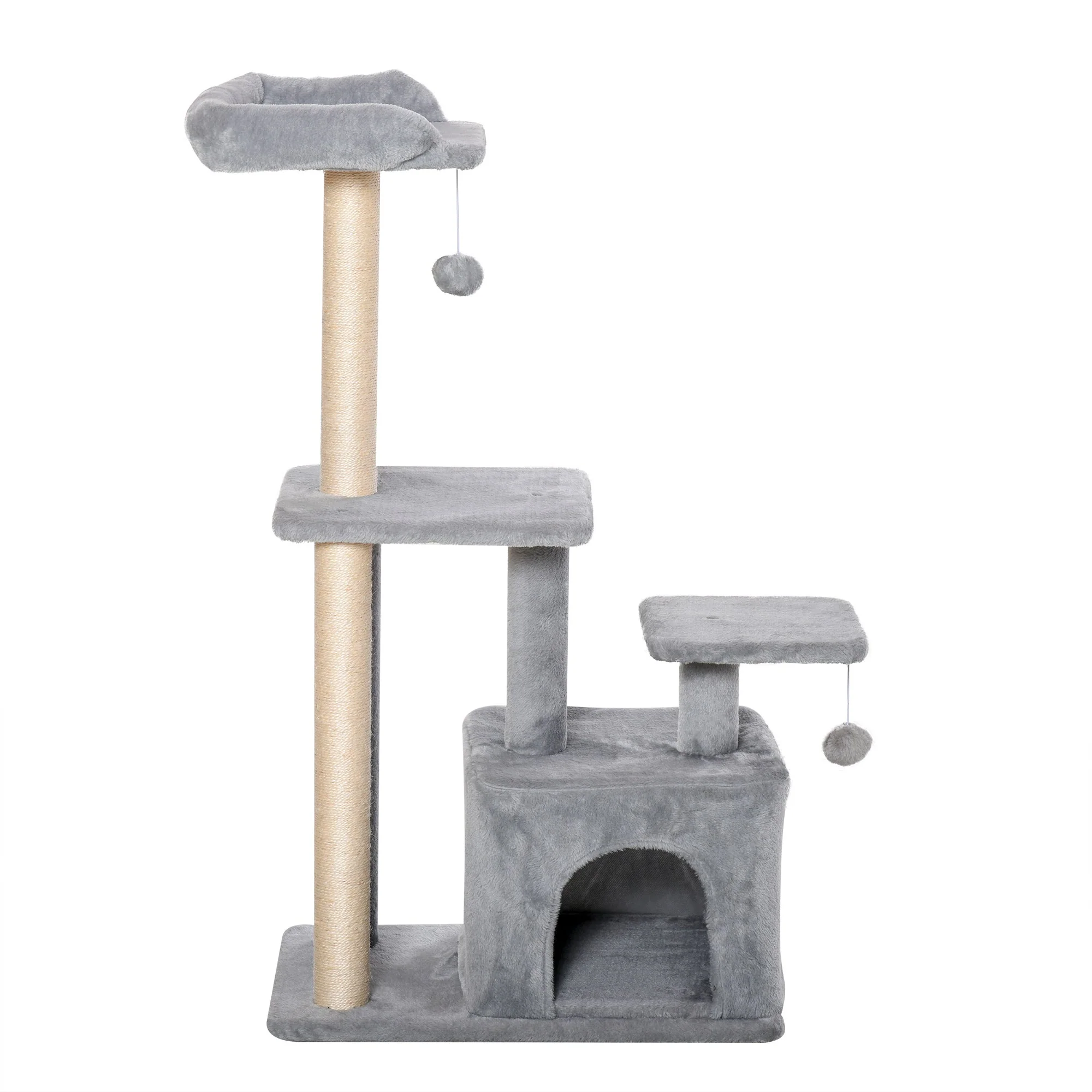 PawHut Cat Tree Tower for Indoor Cats 114cm Climbing Activity Centre Kitten with Sisal Scratching Post Perch Hanging Ball Condo Toy Light Grey - Image 4