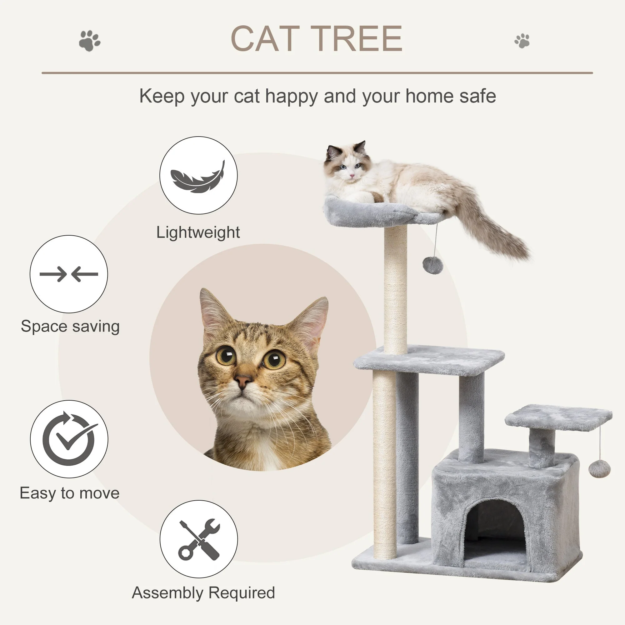 PawHut Cat Tree Tower for Indoor Cats 114cm Climbing Activity Centre Kitten with Sisal Scratching Post Perch Hanging Ball Condo Toy Light Grey - Image 5