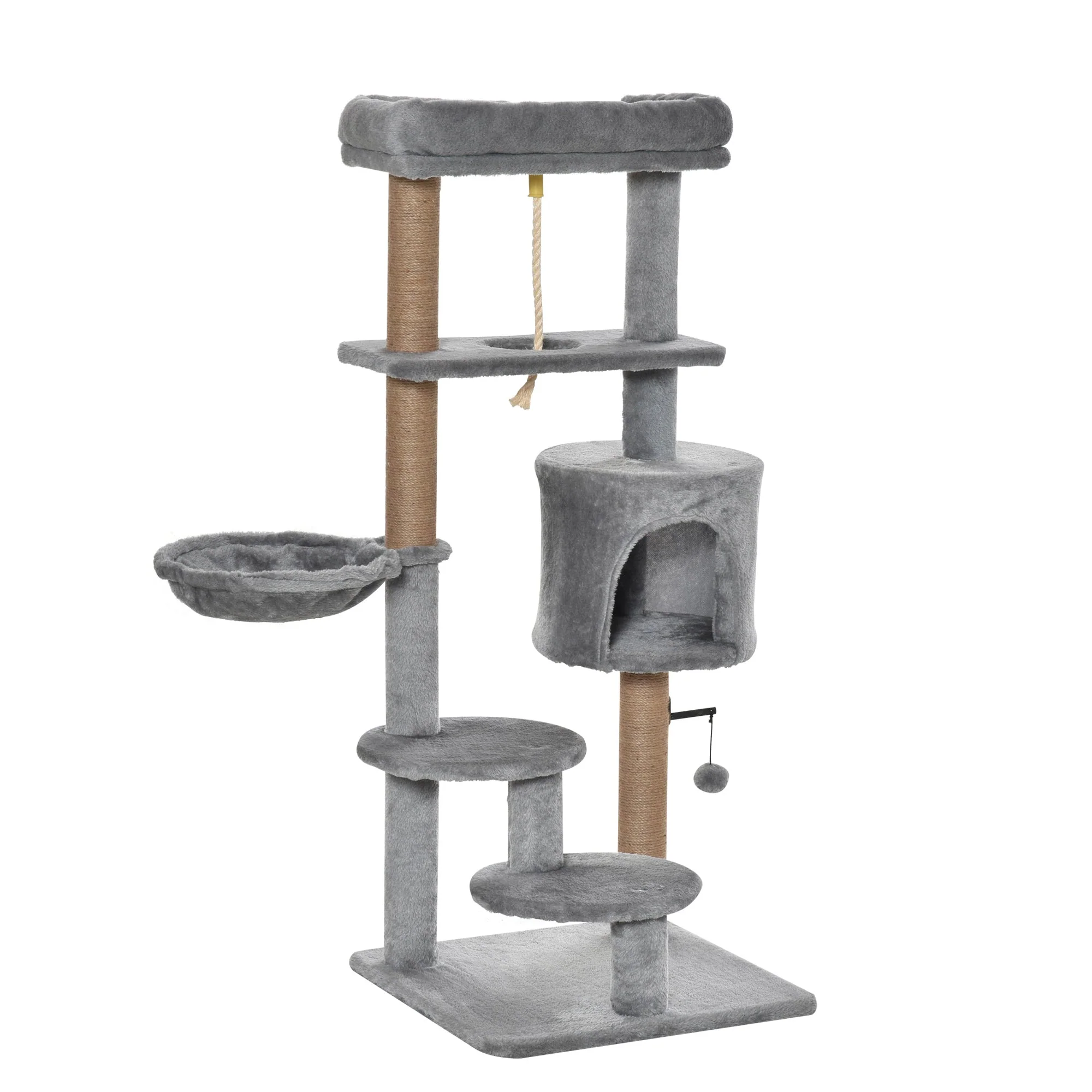 PawHut Cat Tree Tower for Indoor Cats 120cm Climbing Kitten Activity Center with Jute Scratching Post Perch Hanging Ball Hammock Teasing Rope Condo Toy Light Grey - Image 3
