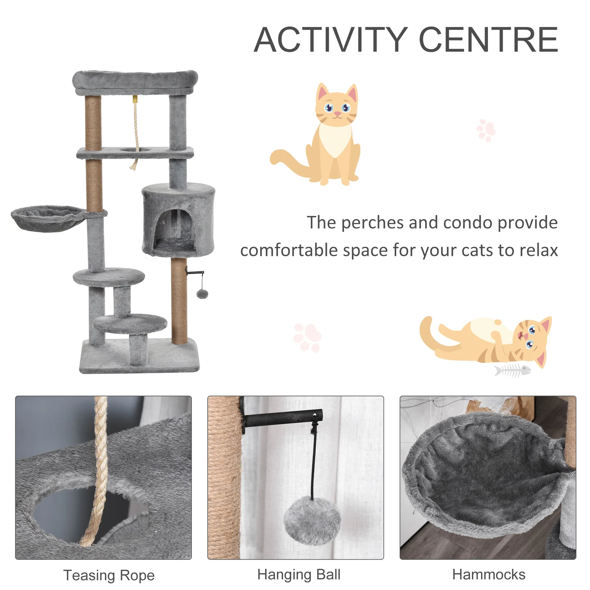 PawHut Cat Tree Tower for Indoor Cats 120cm Climbing Kitten Activity Center with Jute Scratching Post Perch Hanging Ball Hammock Teasing Rope Condo Toy Light Grey - Image 6