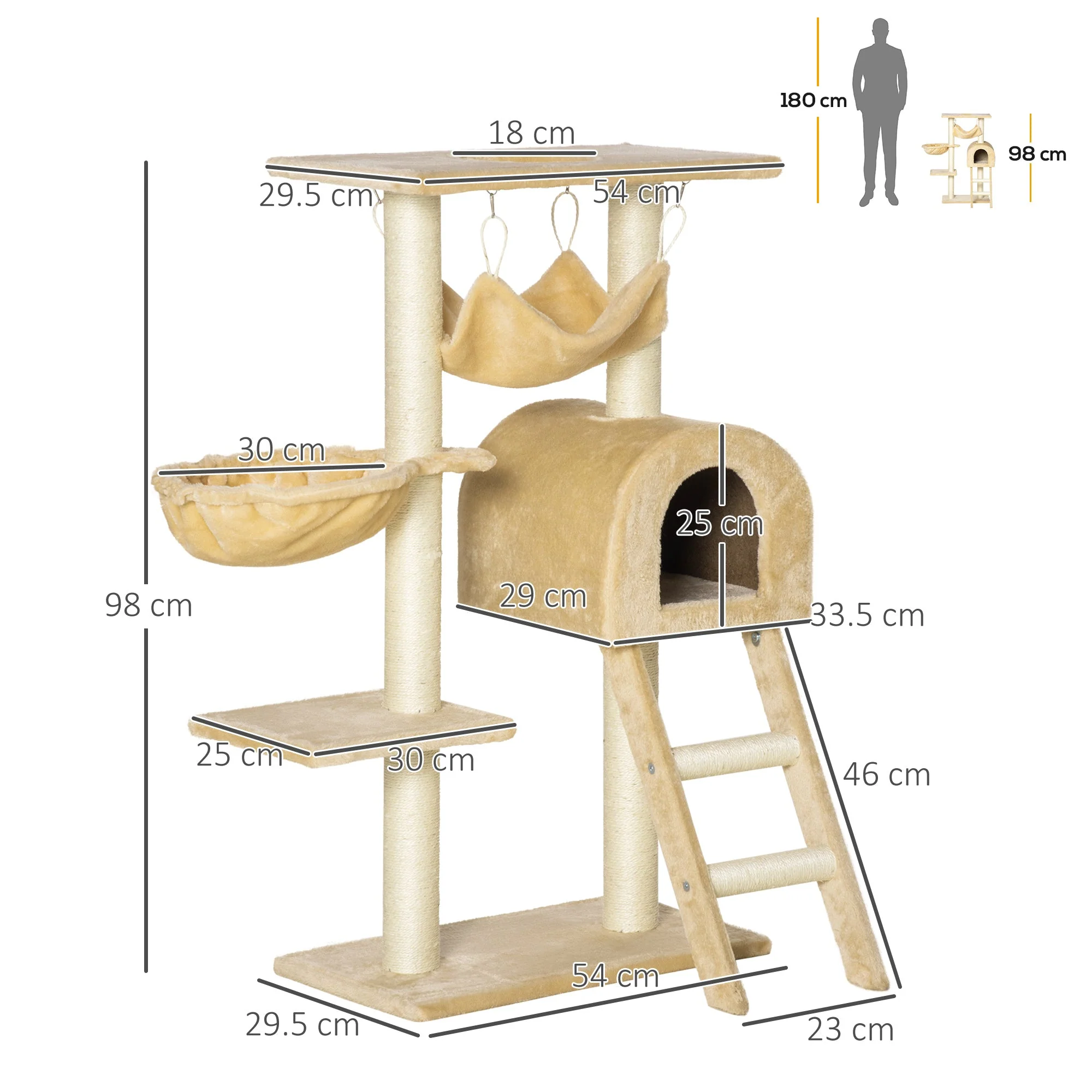 PawHut Cat Tree Tower Kitten Activity Center Scratching Post w/Hammock Condo Bed Basket - Image 5