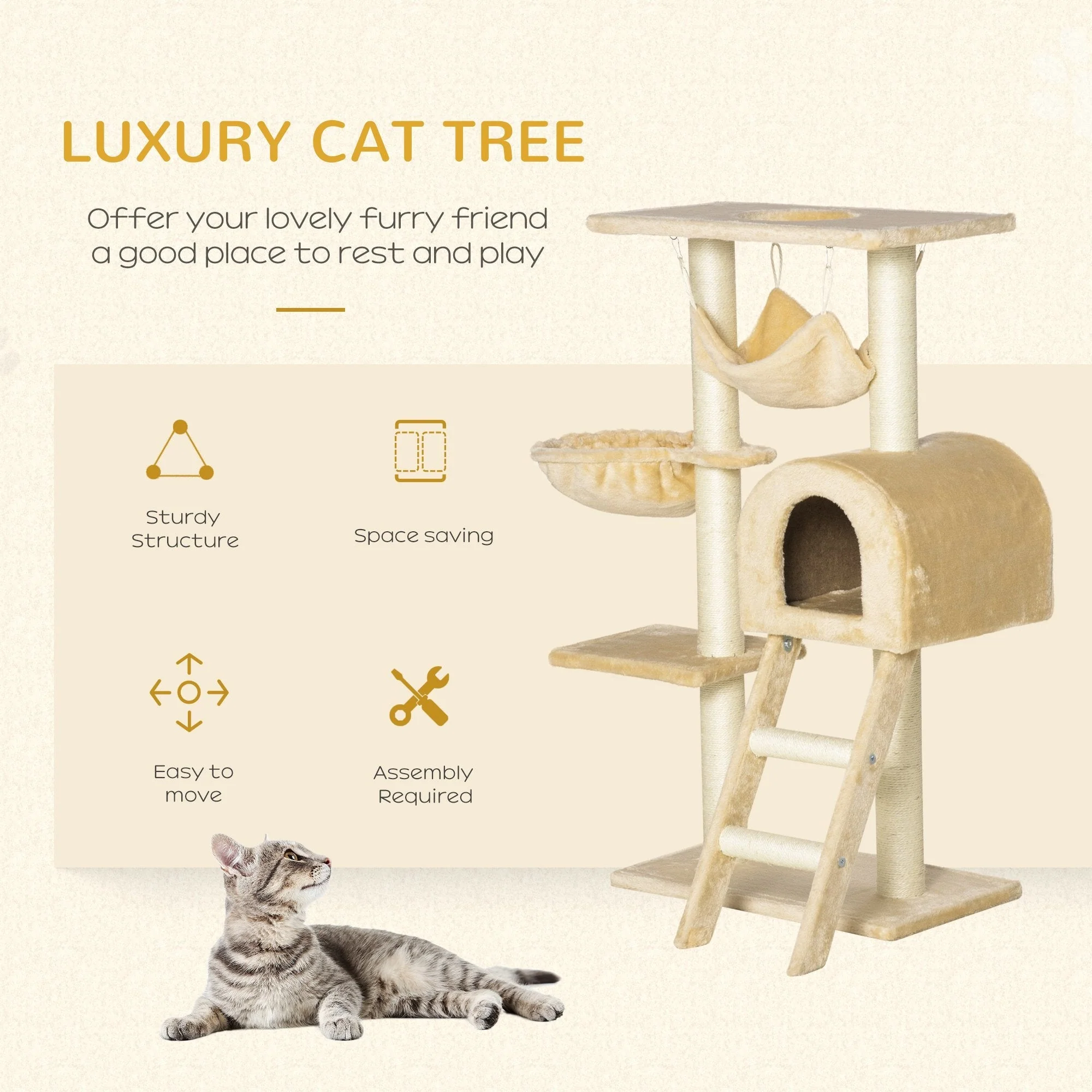 PawHut Cat Tree Tower Kitten Activity Center Scratching Post w/Hammock Condo Bed Basket - Image 6