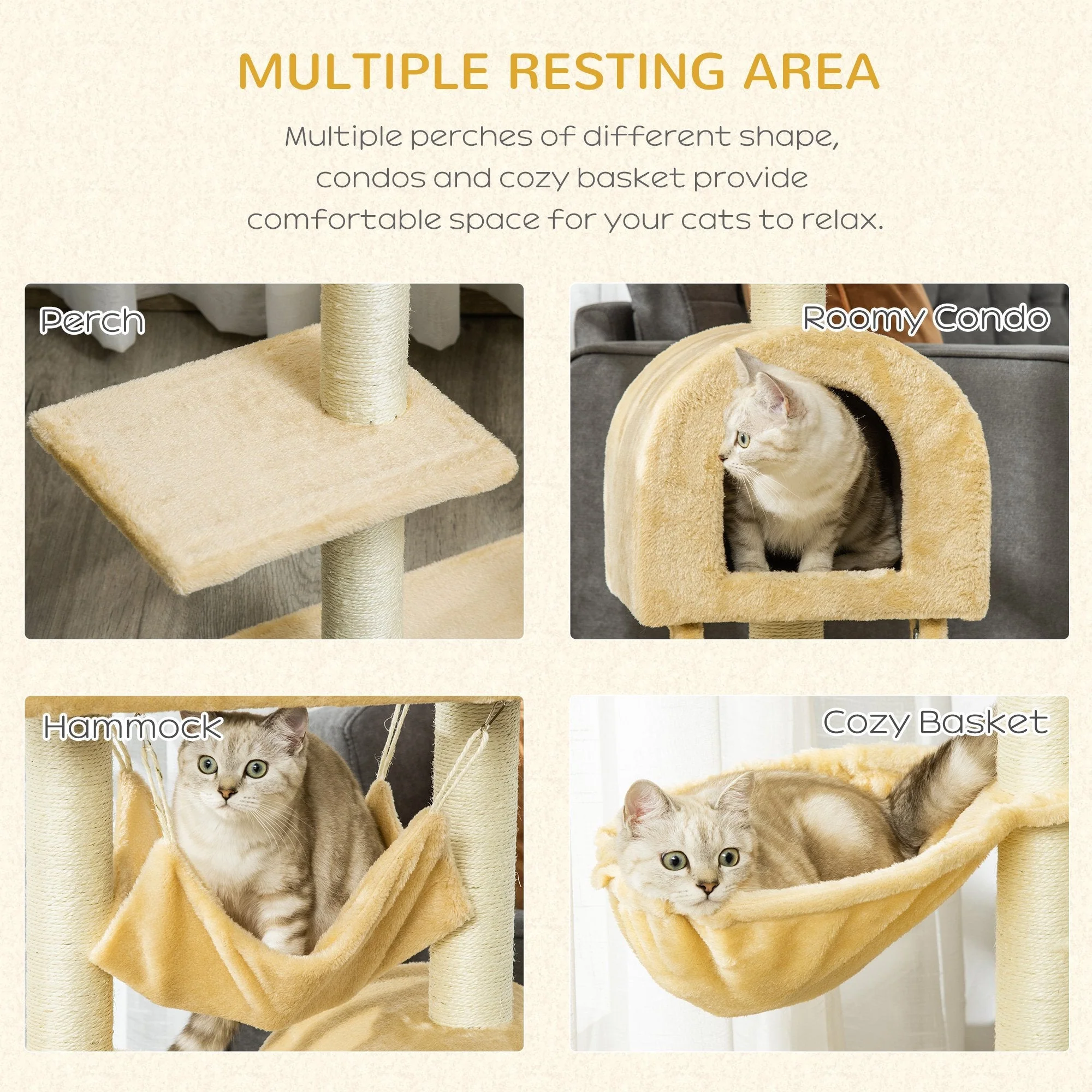 PawHut Cat Tree Tower Kitten Activity Center Scratching Post w/Hammock Condo Bed Basket - Image 7