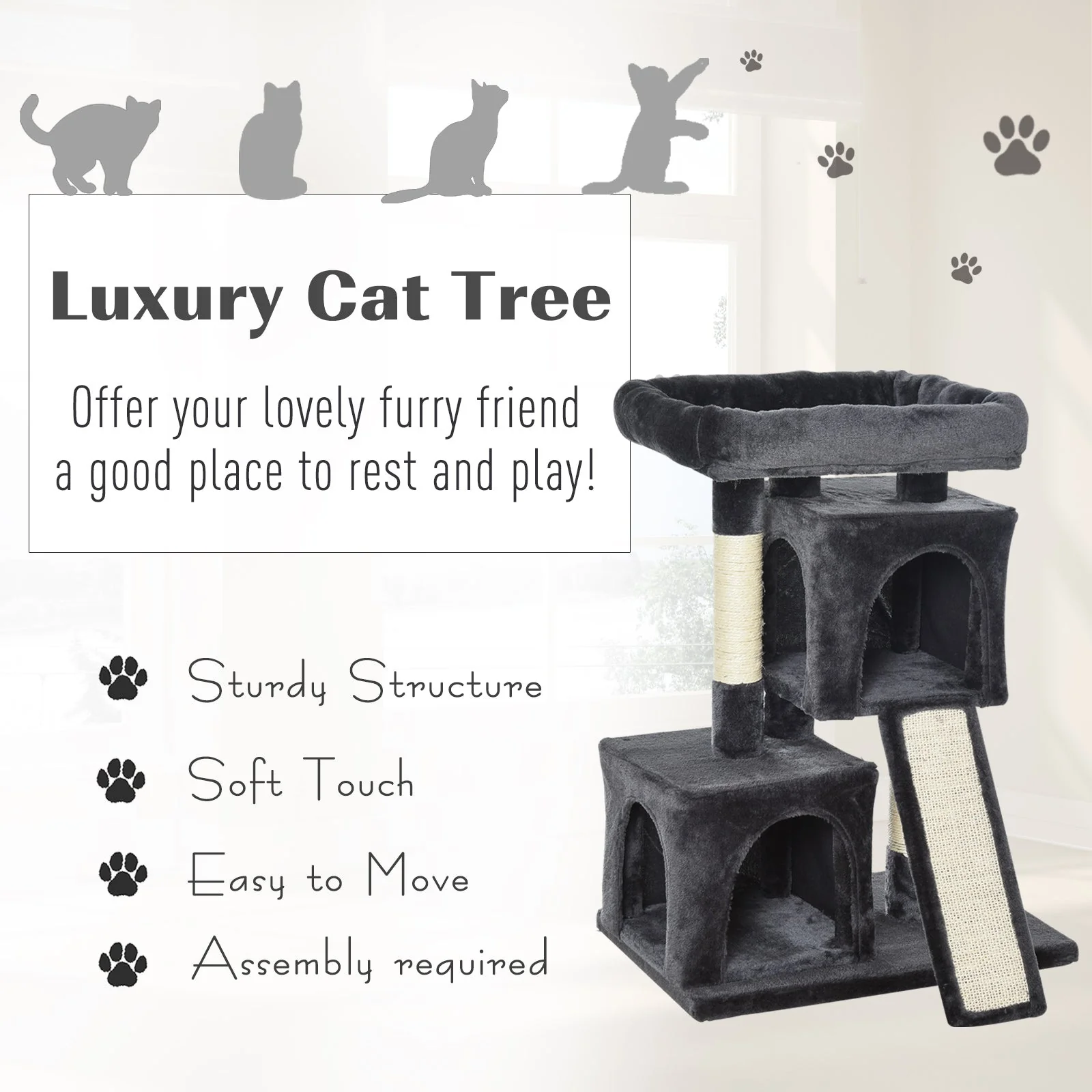PawHut Cats 3-Tier Sisal Rope Leisure Tree Dark Grey - Image 5