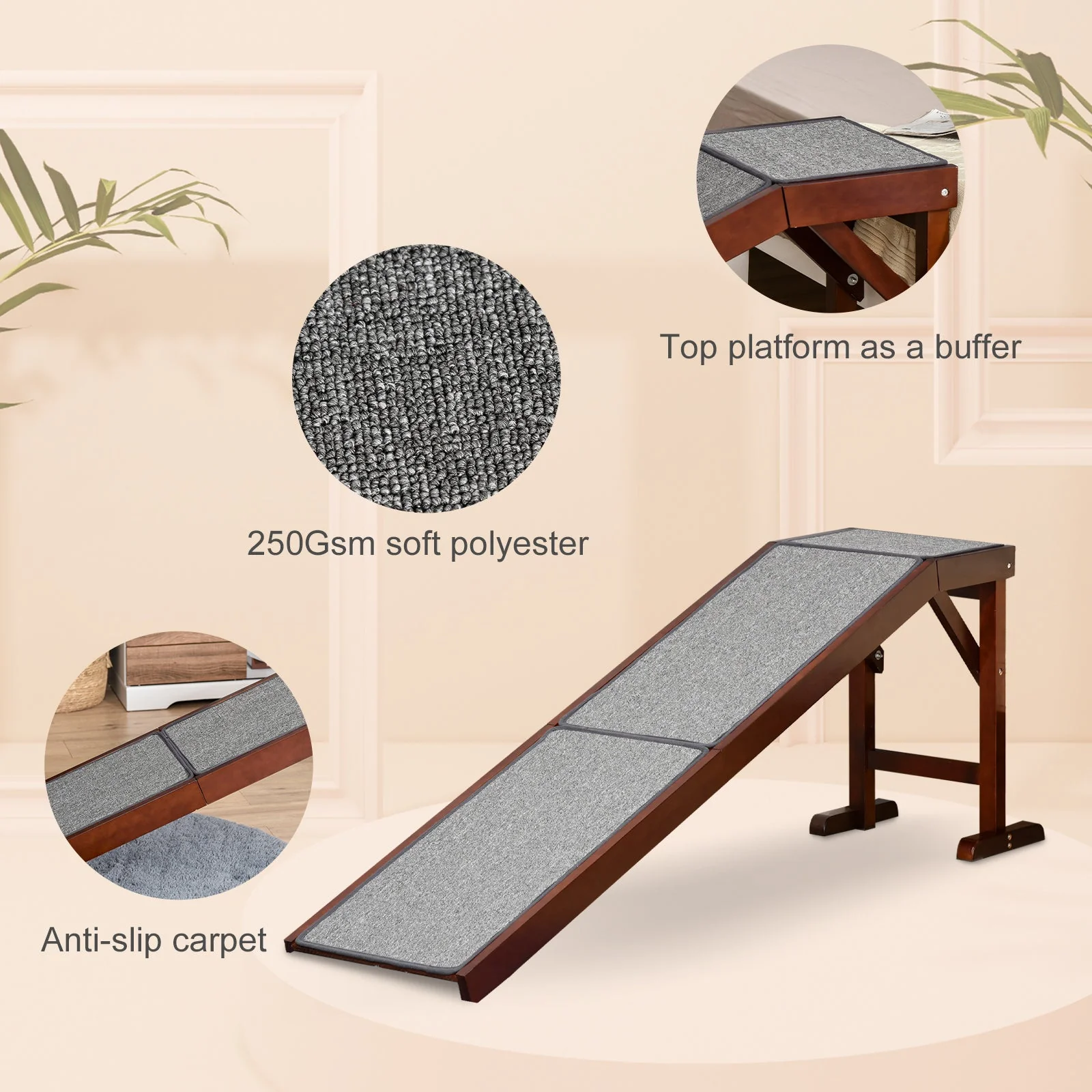 PawHut Dog Ramp Foldable with Non-slip Carpet Top Platform Brown Grey - Image 2