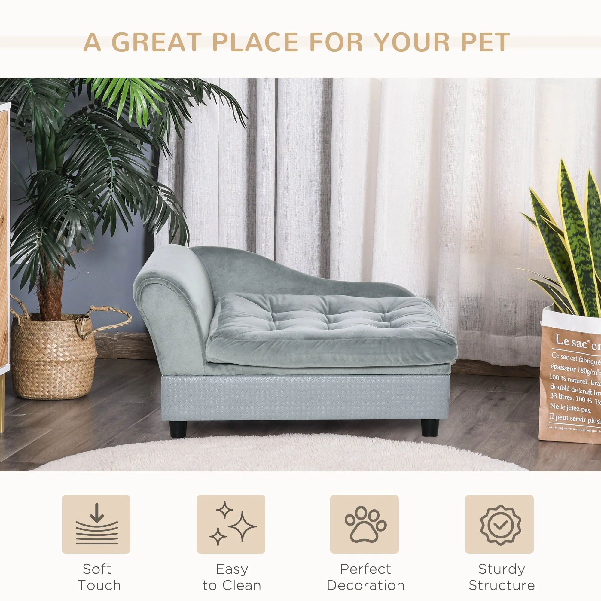 Pawhut Dog Sofa With Storage Pet Chair For Small Dogs Cat Couch With Soft Cushion Light Blue 76 X 45 X 41.5 cm - Image 3
