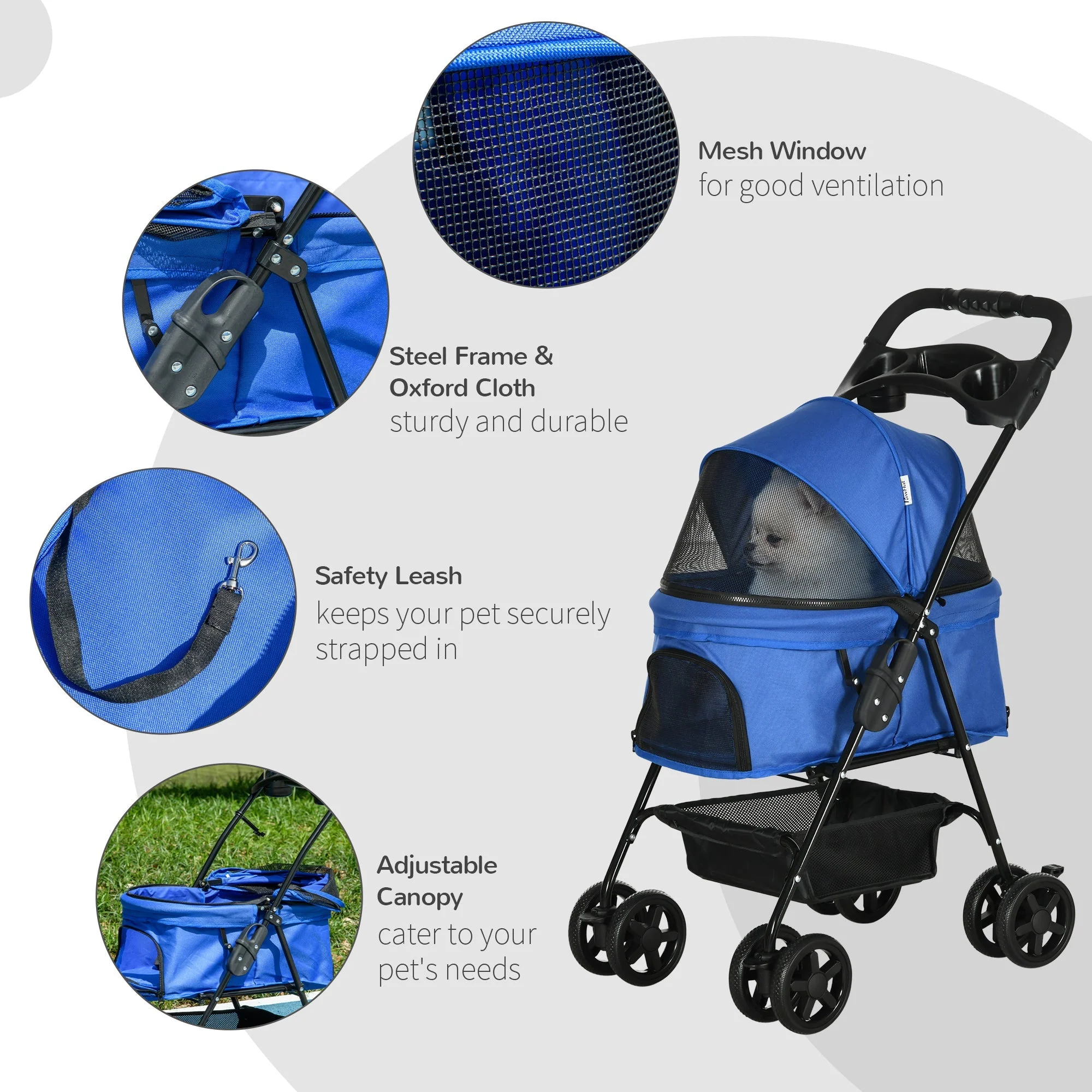 PawHut Dog Stroller Pet Cat Travel Pushchair One-Click Fold Trolley Jogger with EVA Wheels Brake Basket Adjustable Canopy Safety Leash for Small Dogs - Image 3