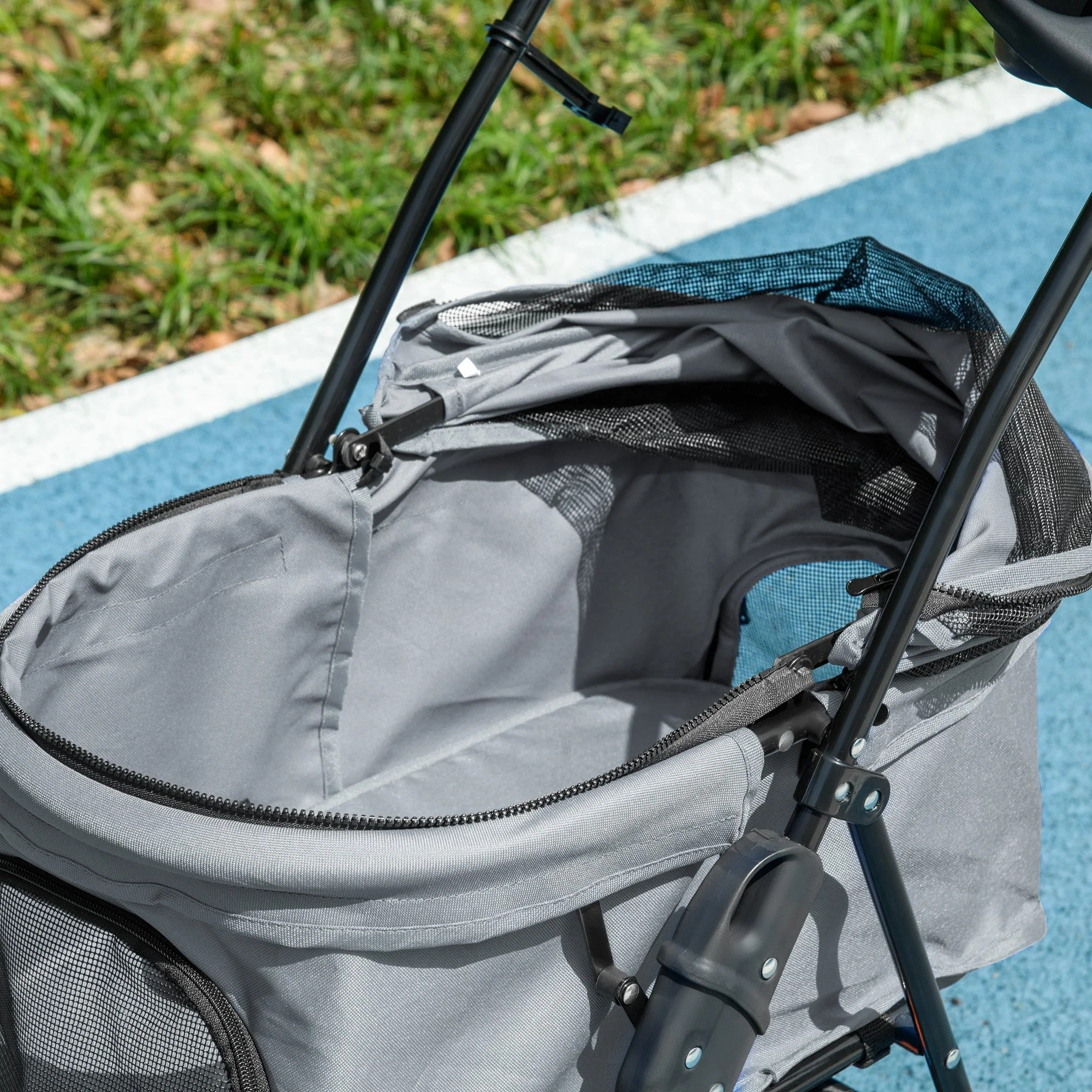 PawHut Dog Stroller Pet Cat Travel Pushchair One-Click Fold Trolley Jogger with EVA Wheels Brake Basket Adjustable Canopy Safety Leash for Small Dogs - Image 9
