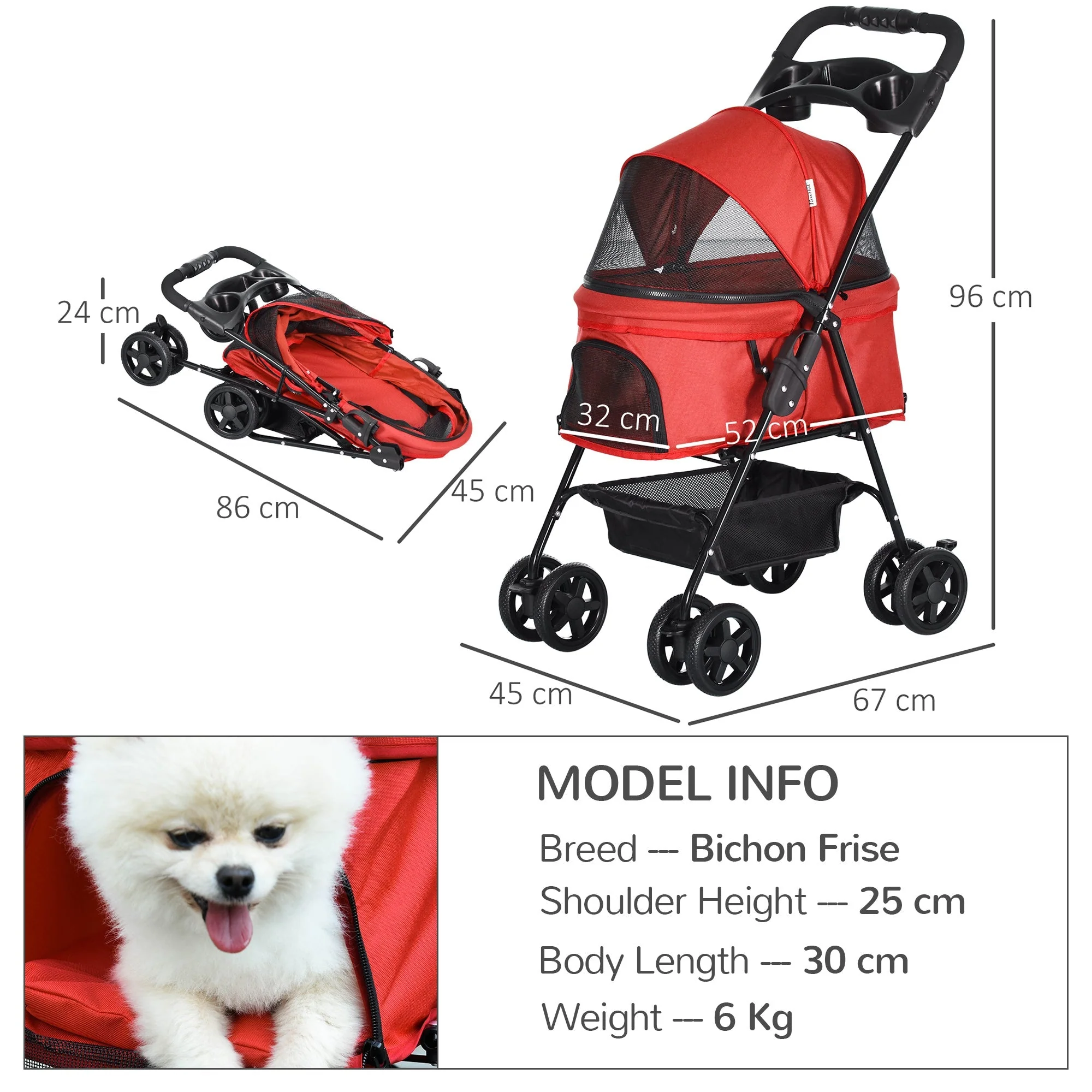 PawHut Dog Stroller Pet Cat Travel Pushchair One-Click Fold Trolley Jogger with EVA Wheels Brake Basket Adjustable Canopy Safety Leash for Small Dogs - Image 4
