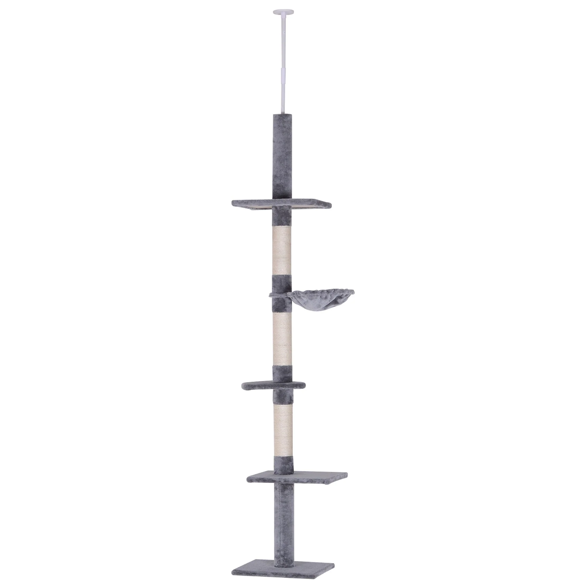 PawHut Floor to Ceiling Cat Tree for Indoor Cats 5-Tier Kitty Tower Climbing Activity Center Scratching Post Adjustable Height 230-260 cm Grey - Image 2