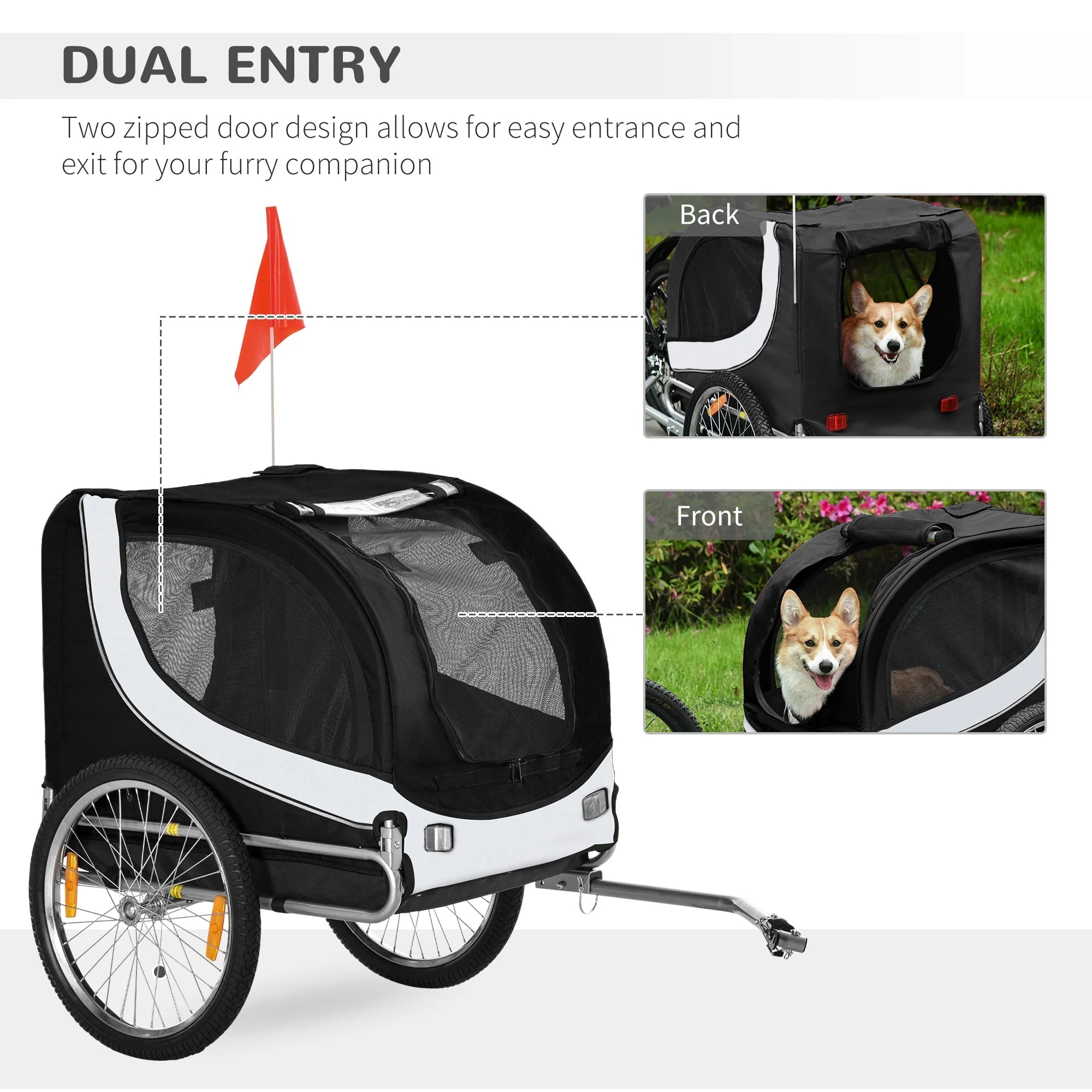 PawHut Folding Dog Bike Trailer Pet Bicycle Jogger Travel Carrier-Black & White - Image 4