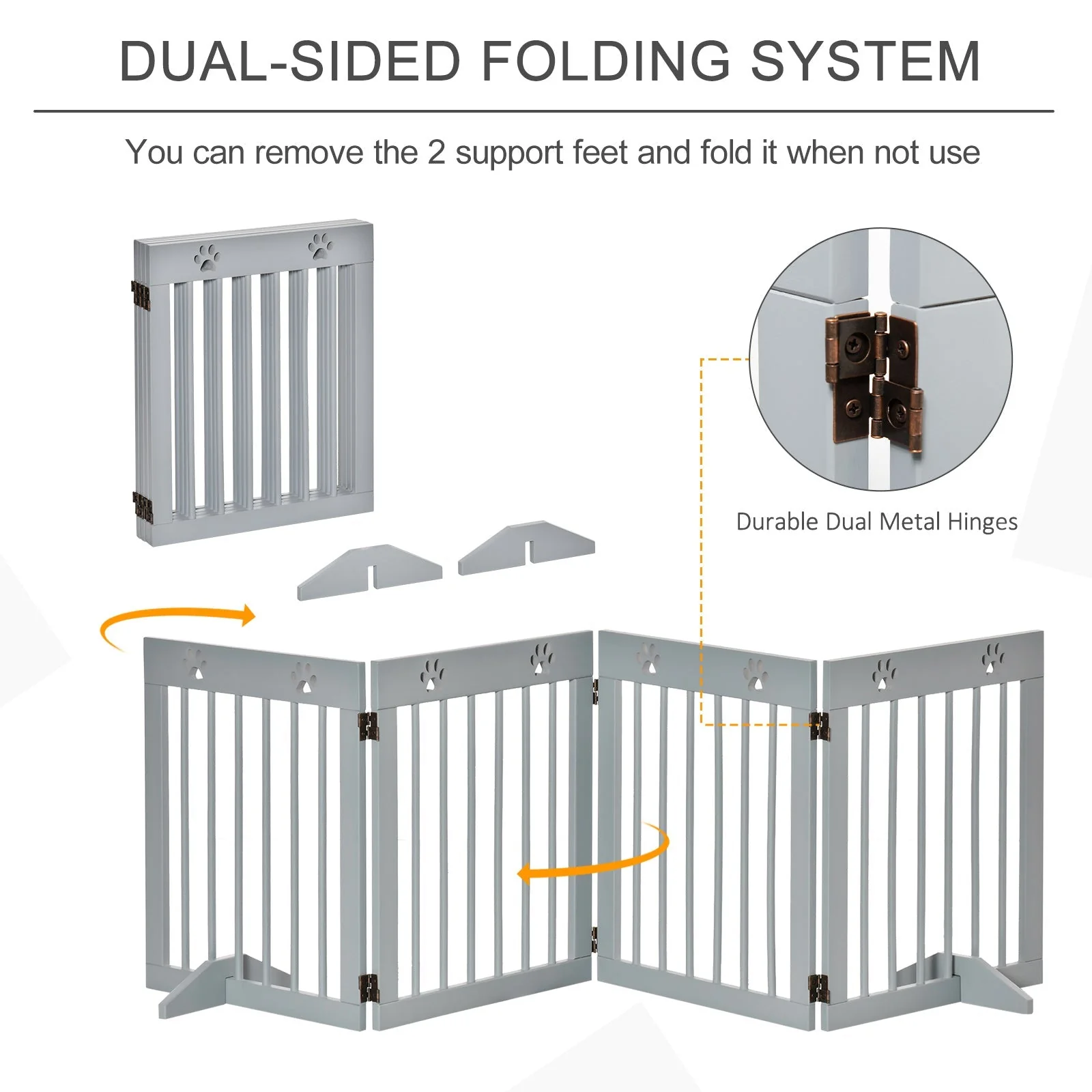 PawHut Freestanding Pet Gate 4 Panel Folding Wooden Dog Barrier w/ Support Feet - Image 4