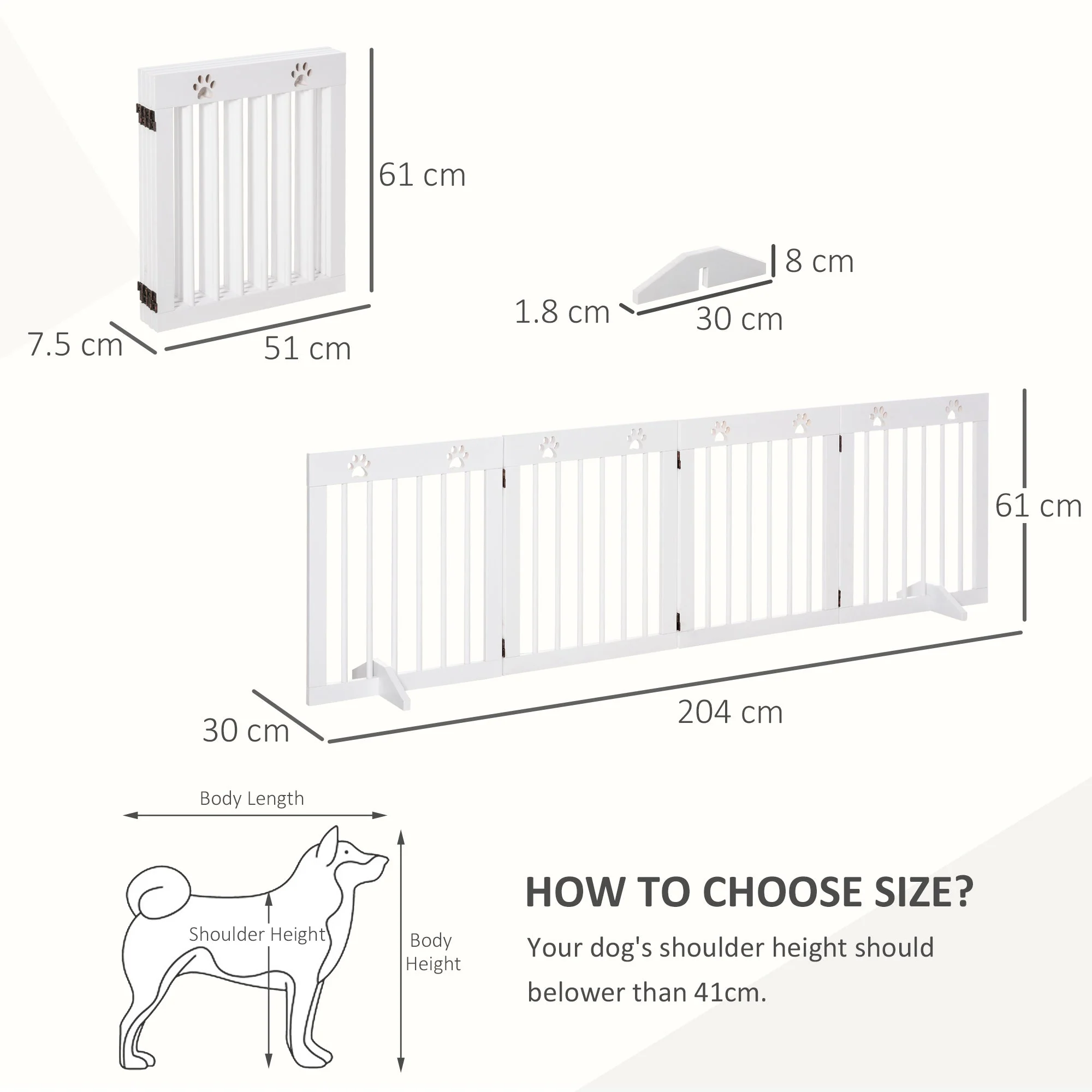 Pawhut Freestanding Pet Gate 4 Panel Wooden Dog Barrier Folding Safety Fence With Support Feet Up To 204cm Long 61cm Tall For Doorway Stairs White - Image 3