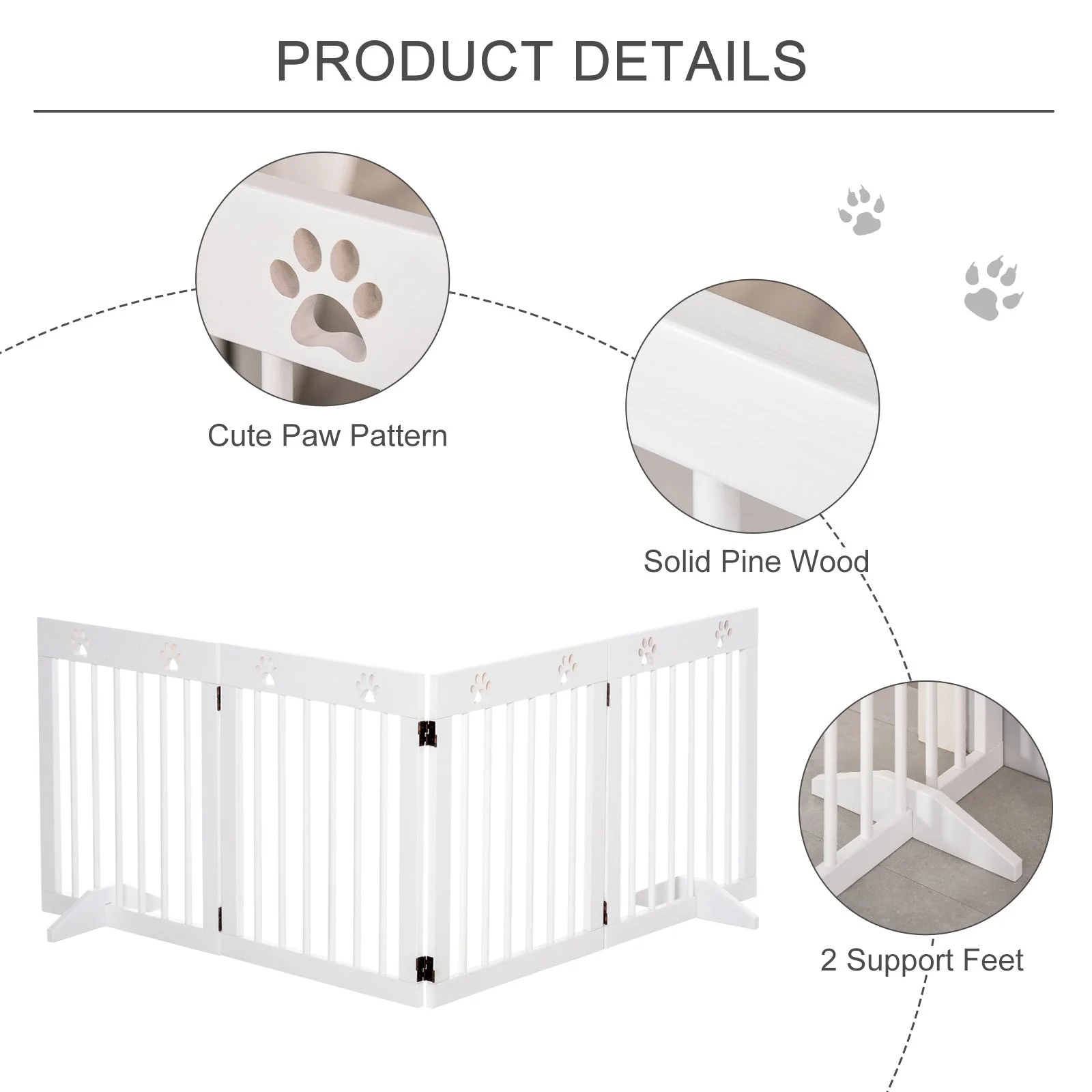 Pawhut Freestanding Pet Gate 4 Panel Wooden Dog Barrier Folding Safety Fence With Support Feet Up To 204cm Long 61cm Tall For Doorway Stairs White - Image 5