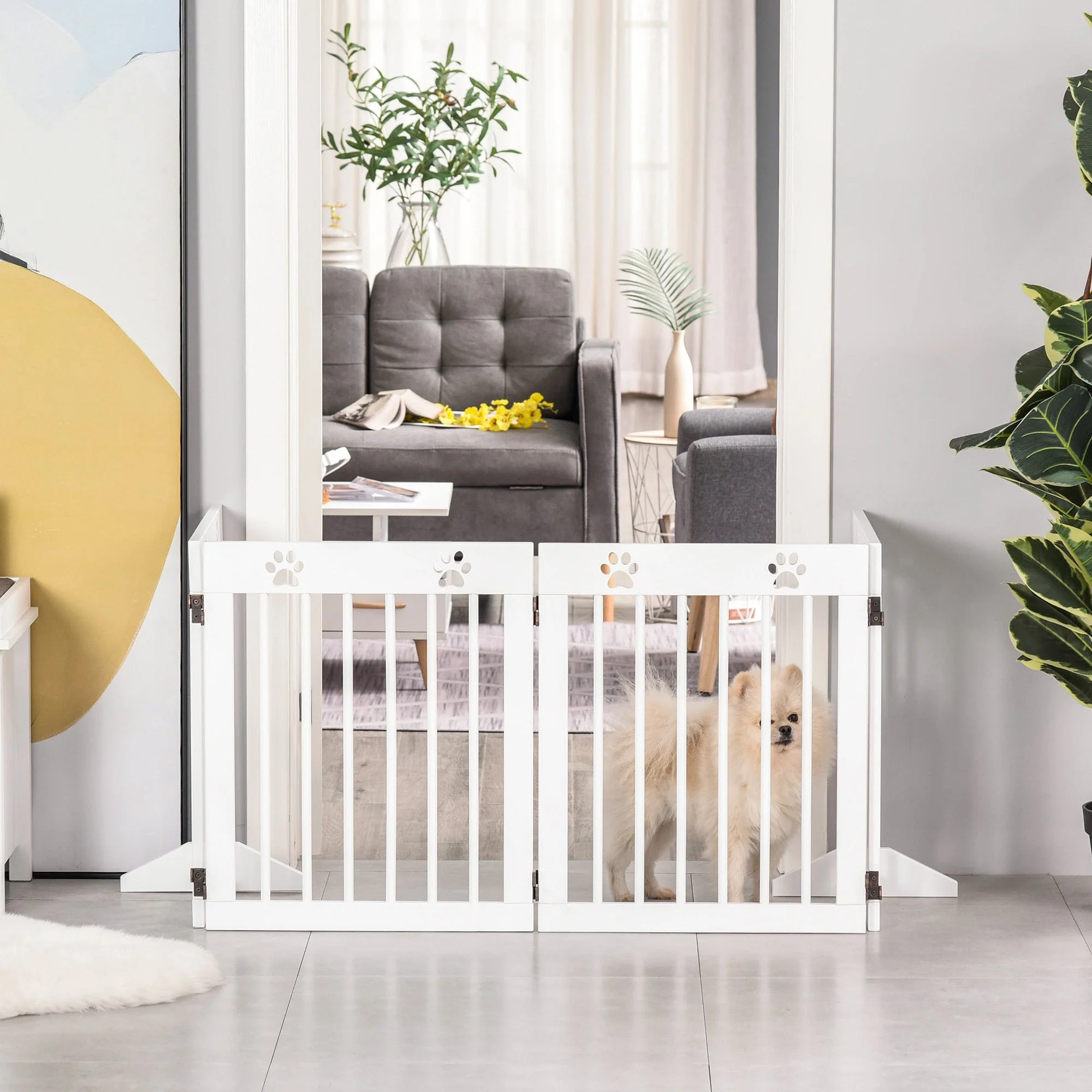 Pawhut Freestanding Pet Gate 4 Panel Wooden Dog Barrier Folding Safety Fence With Support Feet Up To 204cm Long 61cm Tall For Doorway Stairs White - Image 9