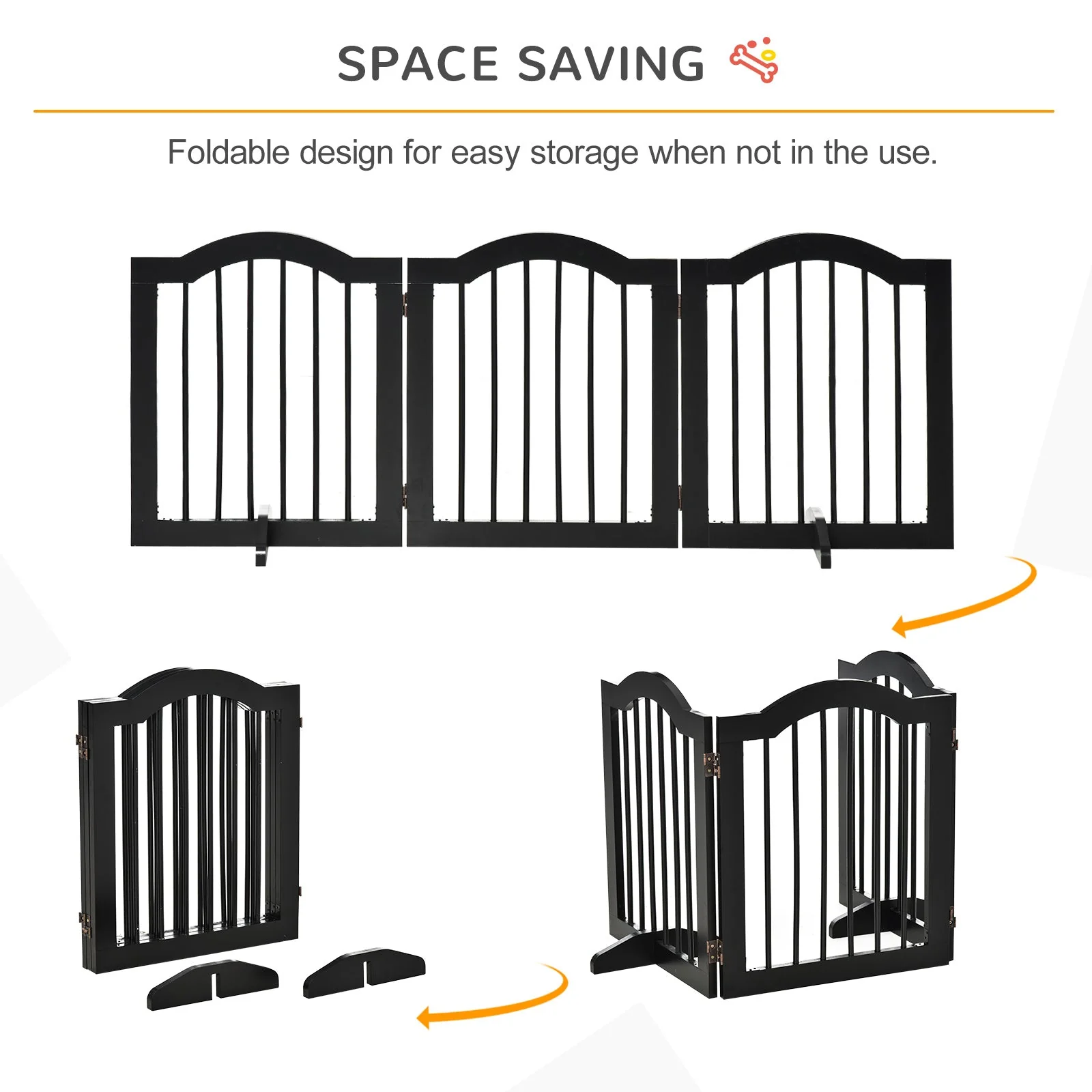 PawHut Freestanding Pet Gate Wooden Dog Gate with Support Feet Foldable Pet Fence Safety Barrier for the House Doorway Stairs Black - Image 7