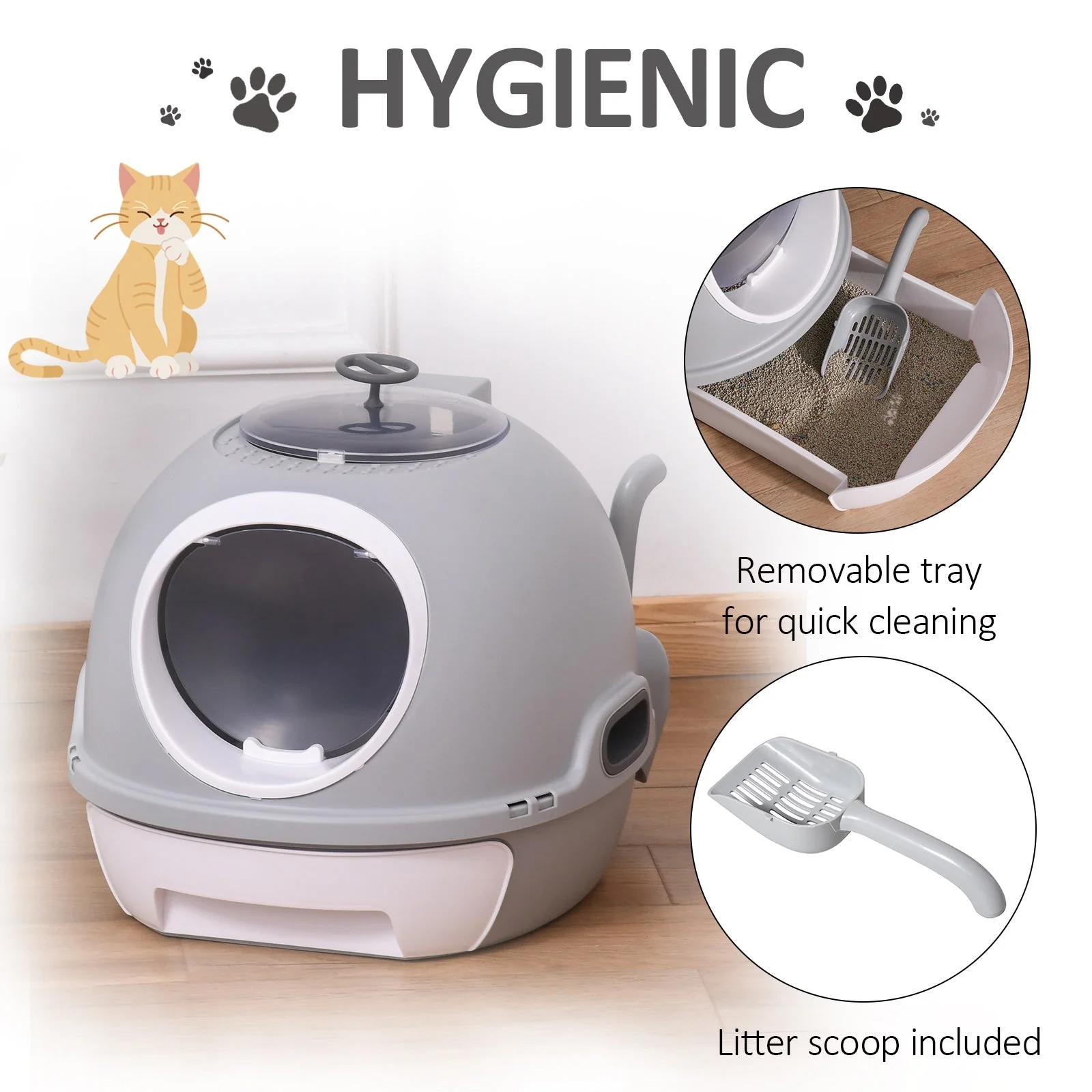 PawHut Futuristic Capsule-Shaped Cat Litter Box w/ 2 Doors Litter Scoop Drawer - Image 7