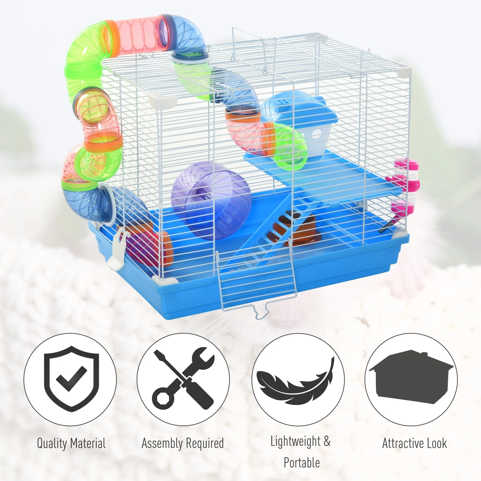 PawHut Hamster Cage Carrier Small Animal House with Exercise Wheels Tunnel Tube - Image 3