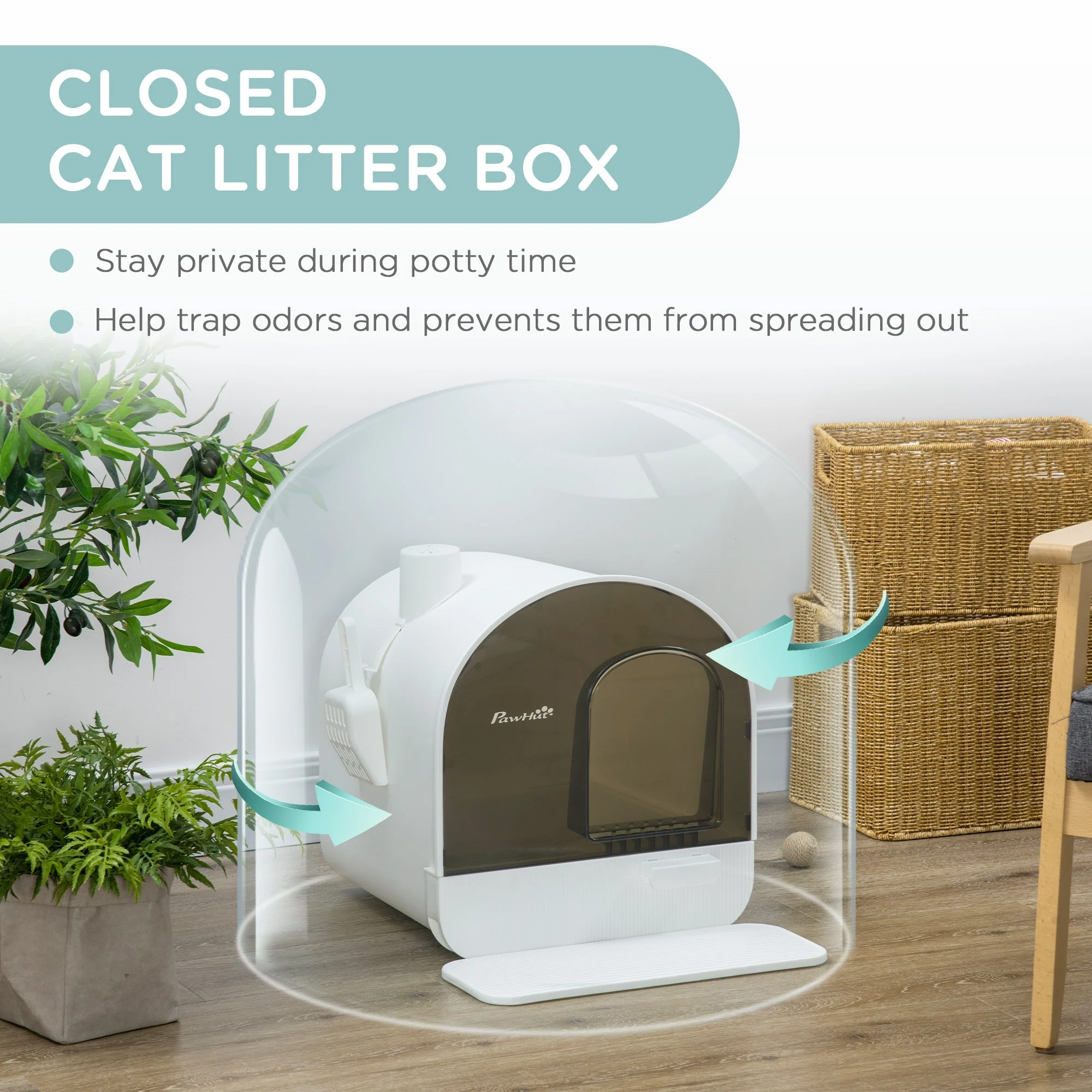 Pawhut Hooded Cat Litter Box Kitten Litter Tray With Lid Scoop Filter Flap Door - Image 4