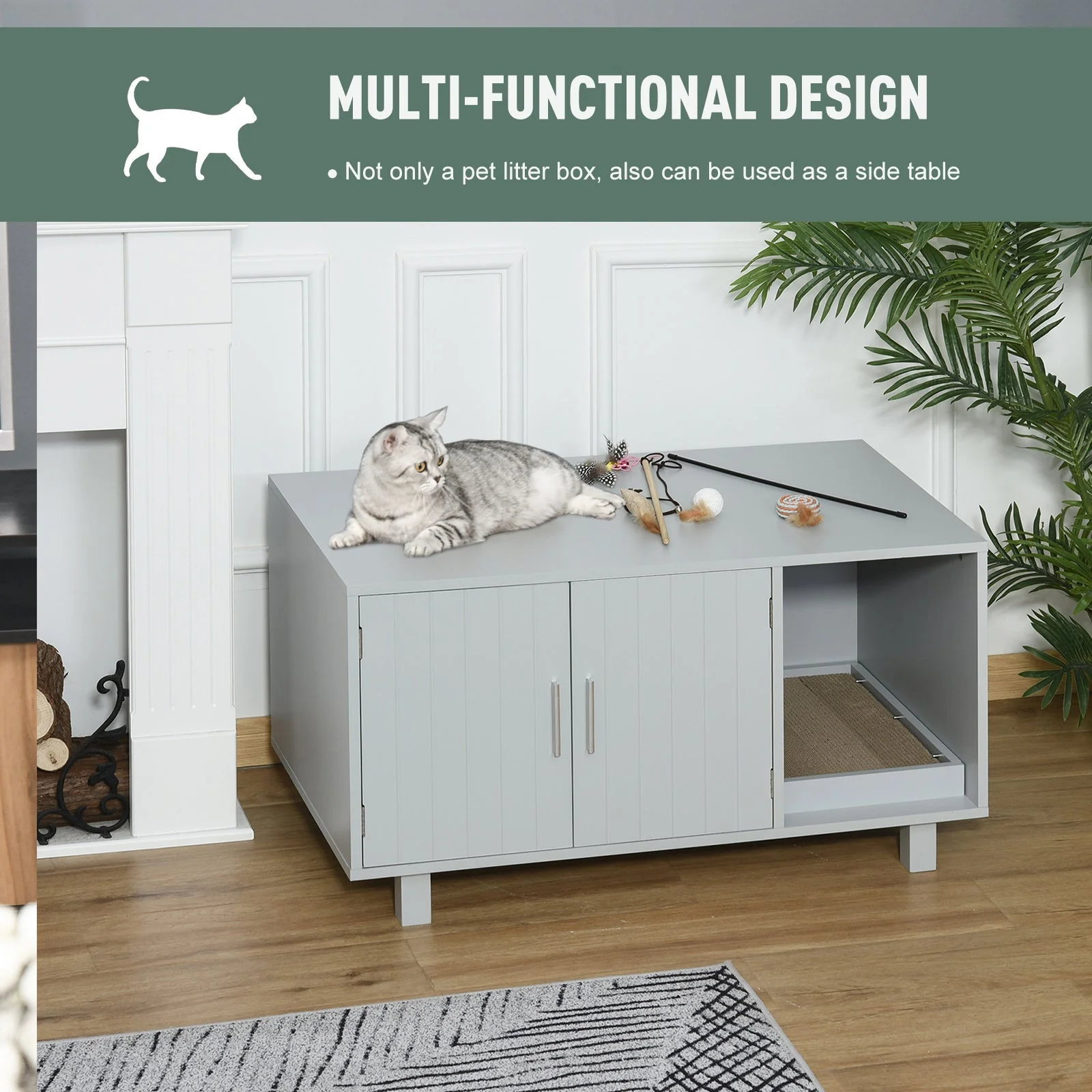PawHut Indoor Feline Cat Box Furniture Kitty Table w/ Scratch & Magnetic Doors - Image 5