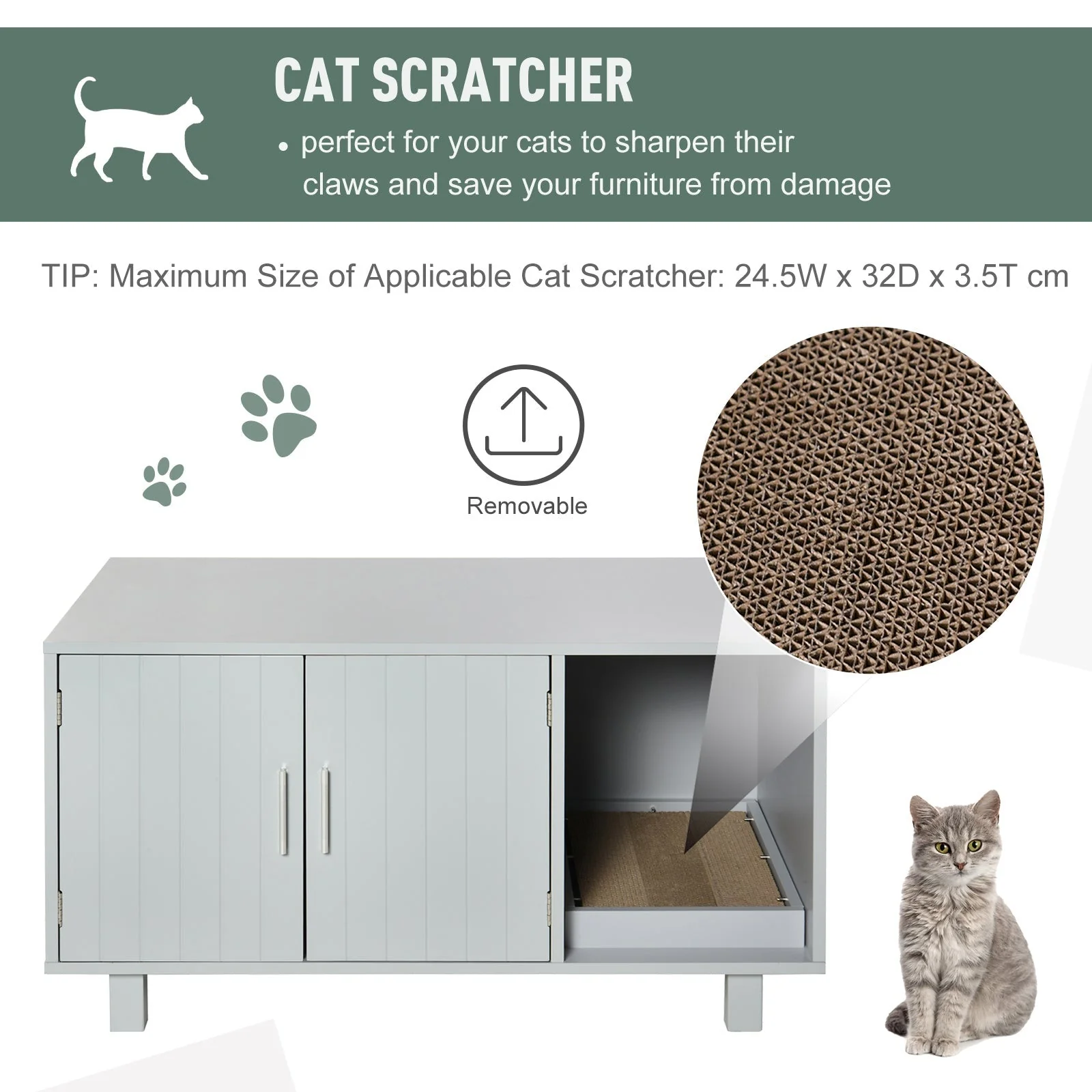 PawHut Indoor Feline Cat Box Furniture Kitty Table w/ Scratch & Magnetic Doors - Image 6