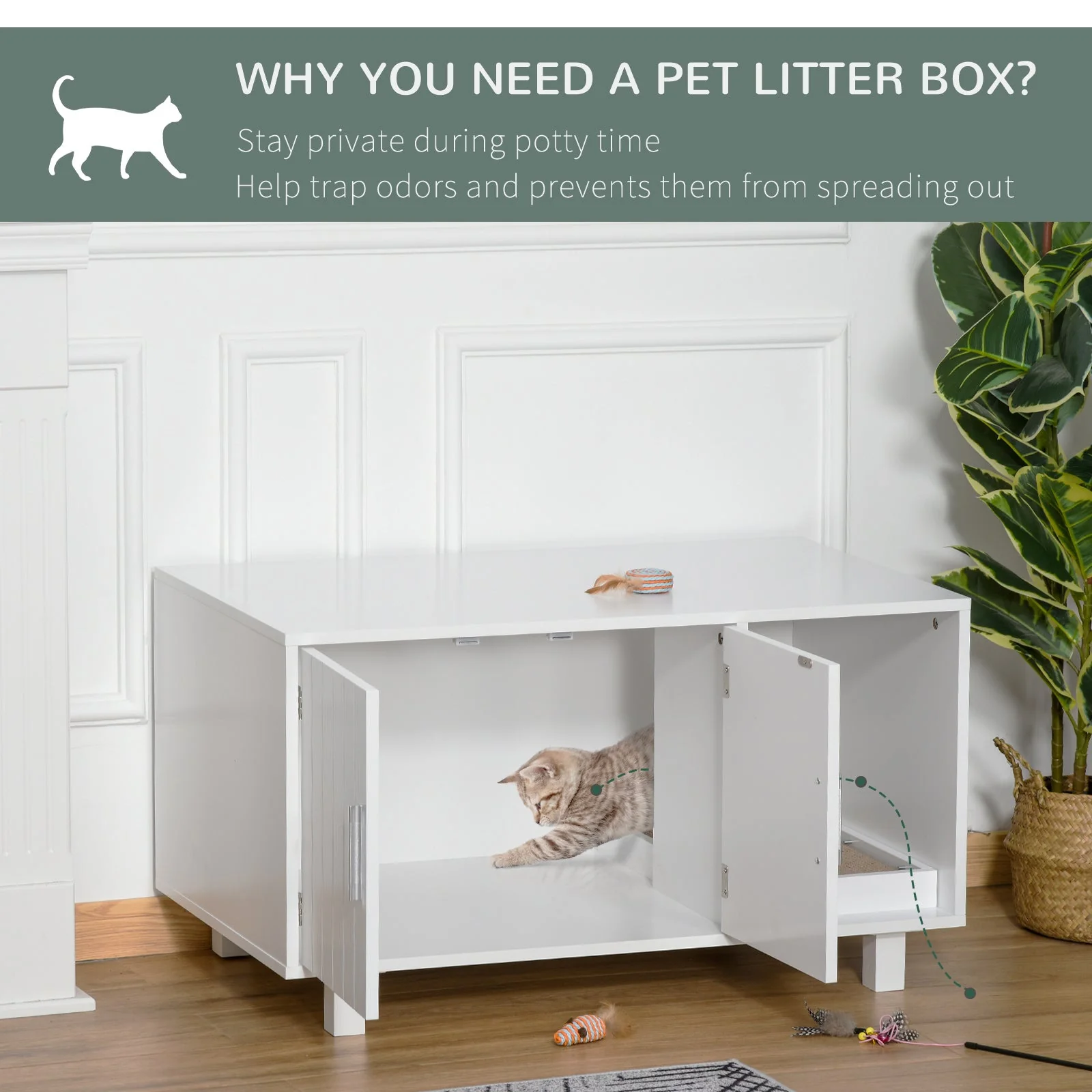 PawHut Indoor Feline Cat Box Furniture Kitty Table w/ Scratch & Magnetic Doors - Image 8