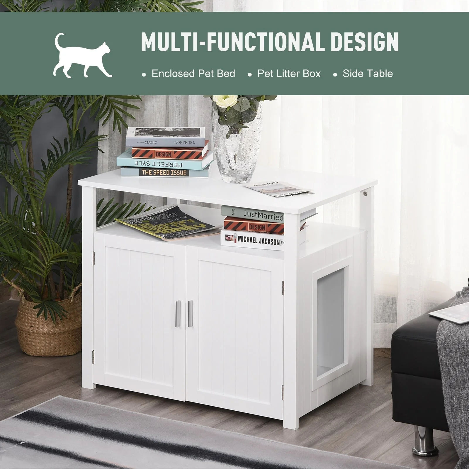 PawHut Inside Tabletop Side Table Cat Box Fixture w/ Magnetic Closing Door - Image 6