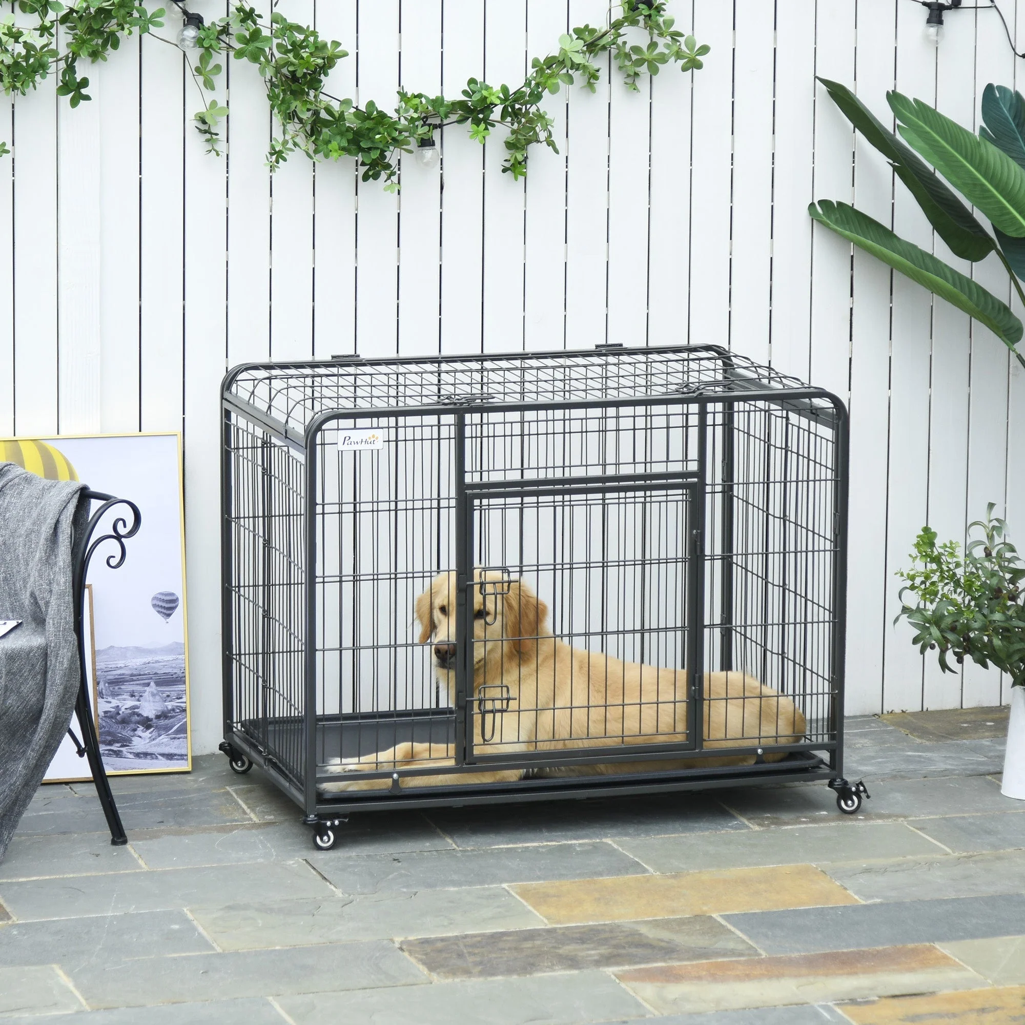 PawHut Metal Dog Cage Kennel Locking Door & Wheels Removable Tray Openable Top For Large Pets 109.5 x 71 x 78 cm - Image 6
