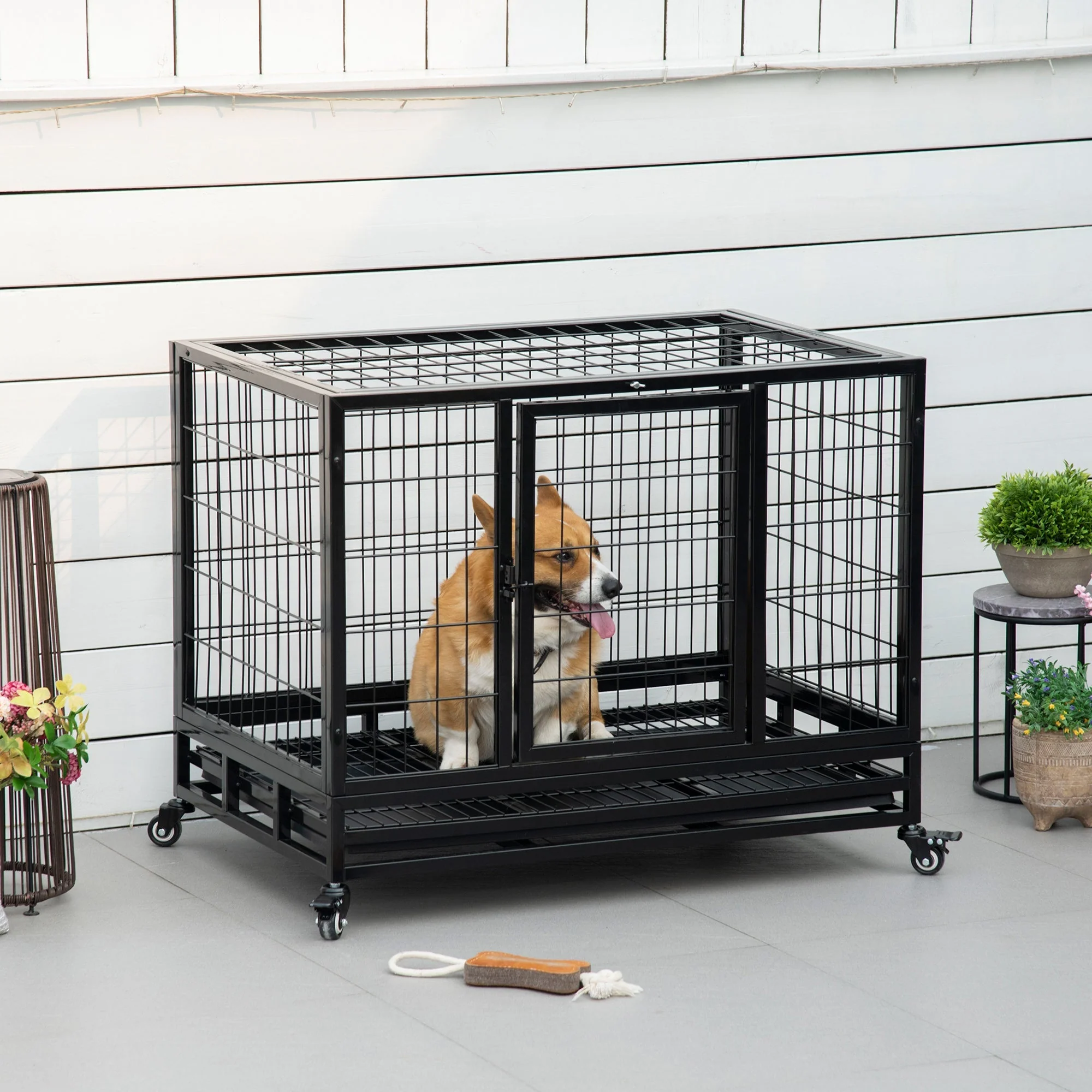 PawHut Metal Kennel Cage W/Wheels and Crate Tray - Image 5