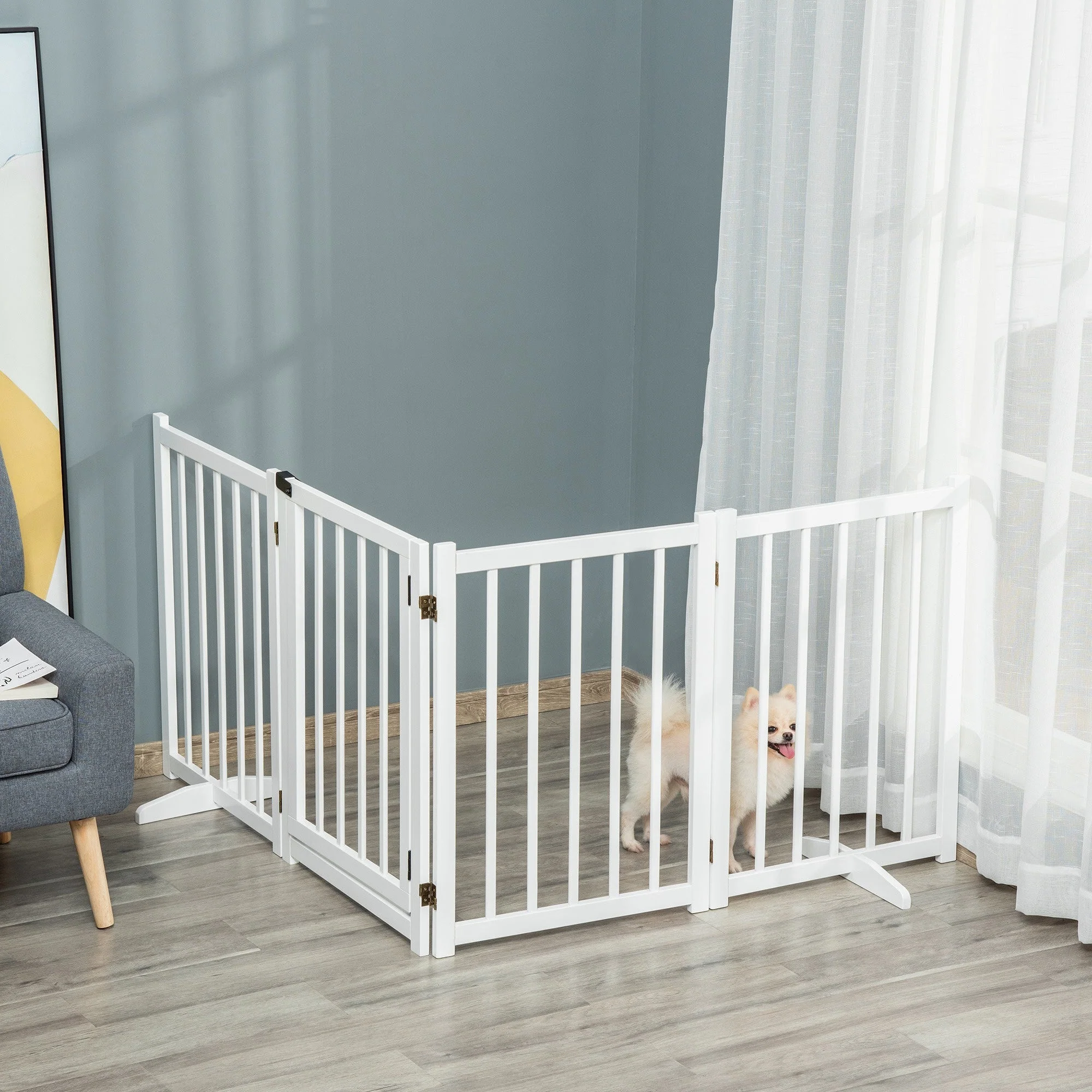 PawHut Pet Gate Wooden Foldable Dog Safety Barrier w/ 4 Panels for Small and Medium Dogs White - Image 8
