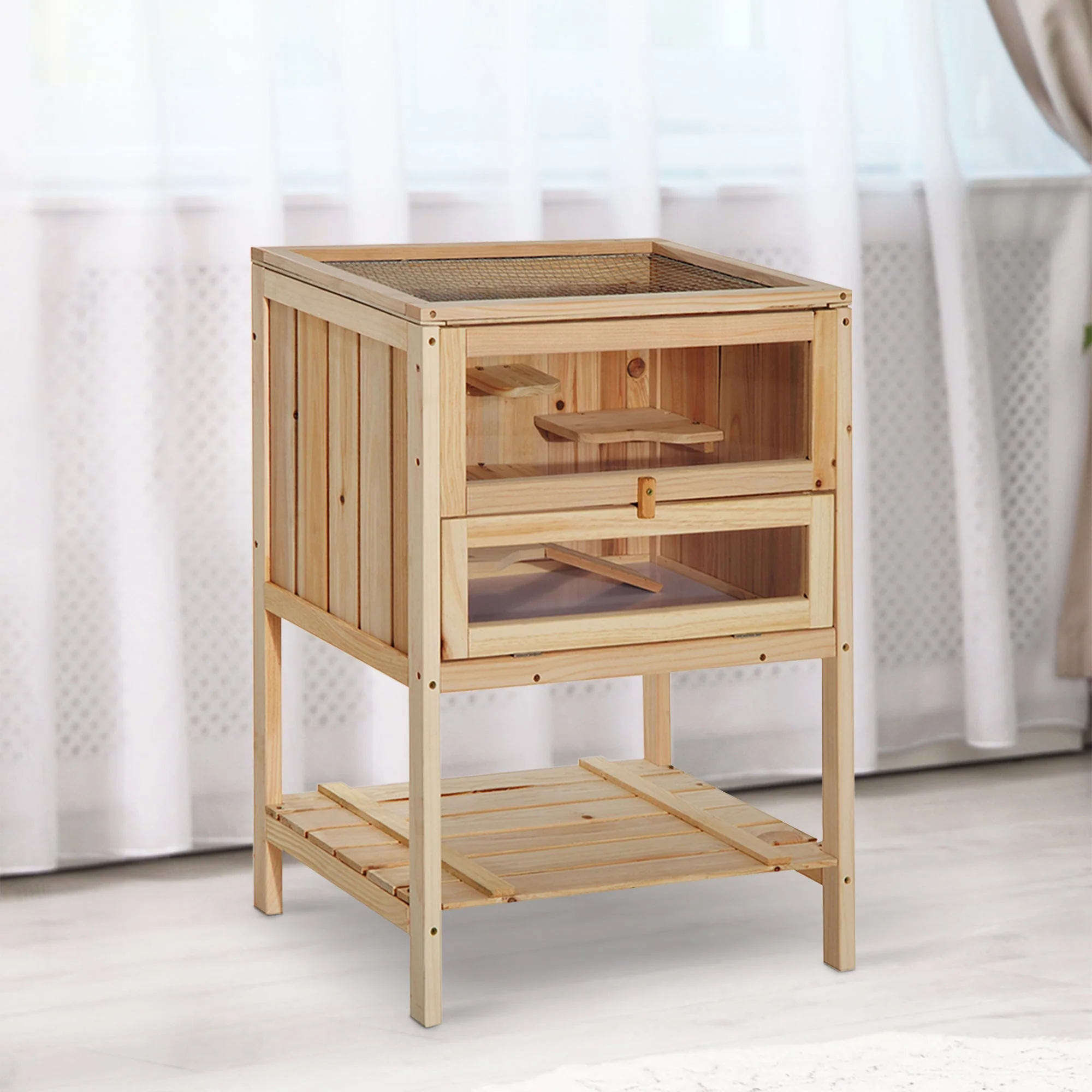 Pawhut Pet Rodent Fir Wood Elevated 3-Tier Cage Wood Tone - Image 2