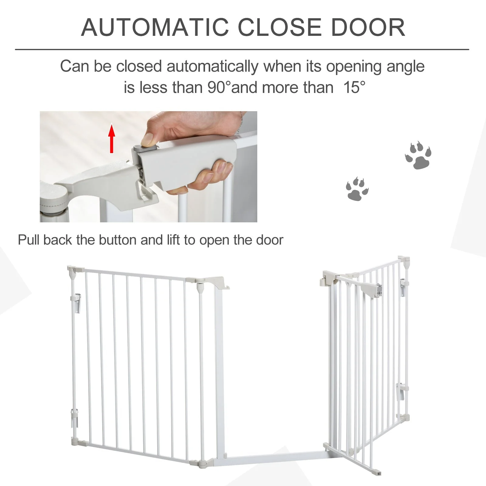 PawHut Pet Safety Gate 3-Panel Playpen Fireplace Christmas Tree Metal Fence Stair Barrier Room Divider with Walk Through Door Automatically Close Lock White - Image 7
