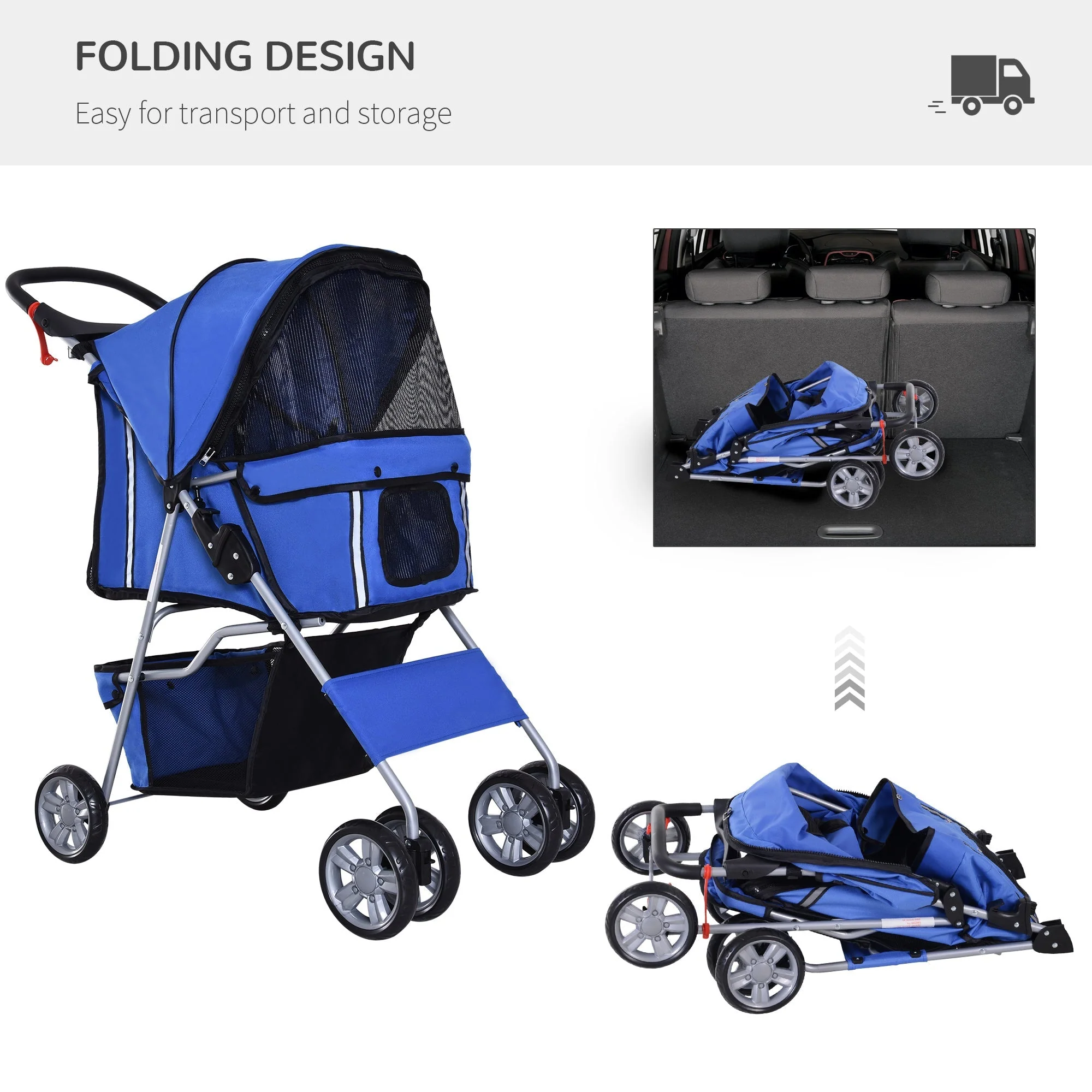 PawHut Pet Stroller for Small Miniature Dogs Cats Foldable Travel Carriage with Wheels Zipper Entry Cup Holder Storage Basket Blue - Image 4