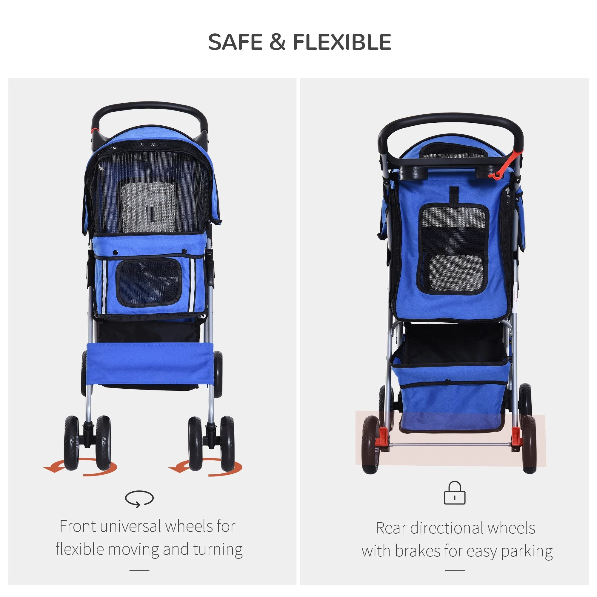 PawHut Pet Stroller for Small Miniature Dogs Cats Foldable Travel Carriage with Wheels Zipper Entry Cup Holder Storage Basket Blue - Image 5