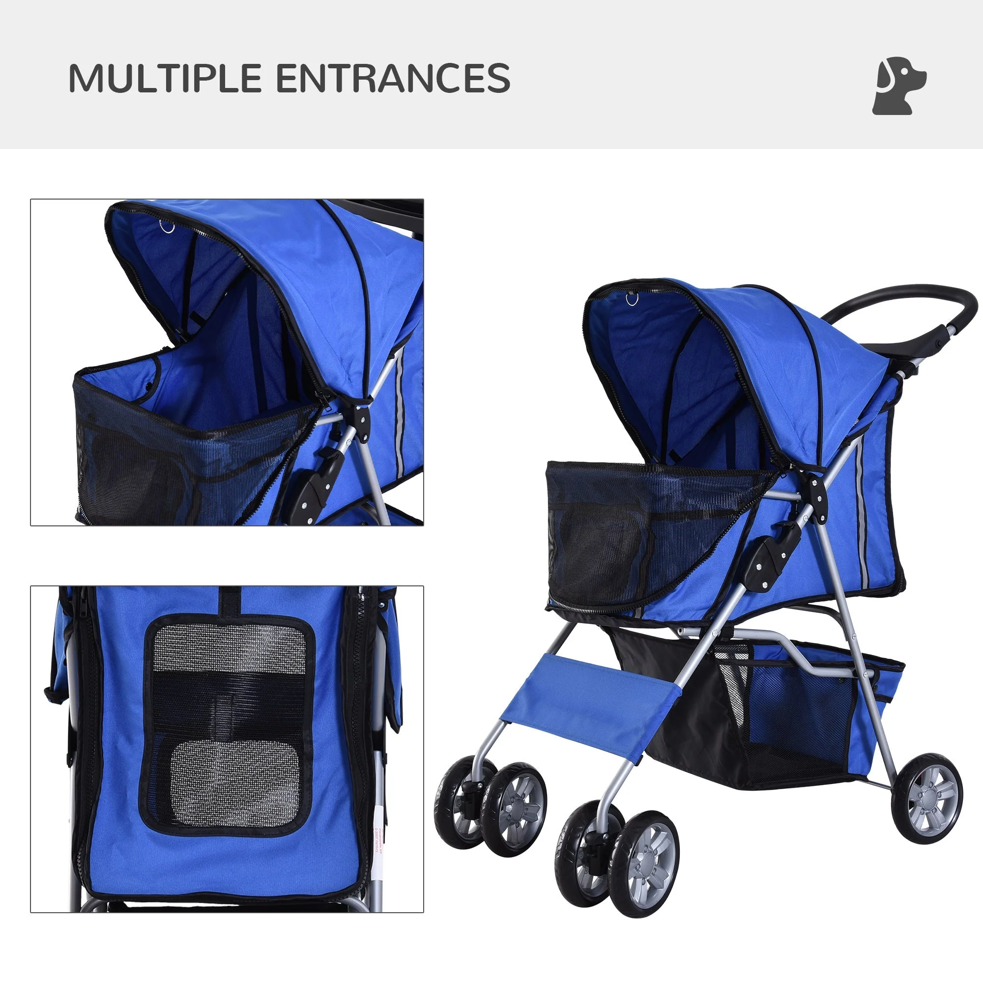 PawHut Pet Stroller for Small Miniature Dogs Cats Foldable Travel Carriage with Wheels Zipper Entry Cup Holder Storage Basket Blue - Image 8