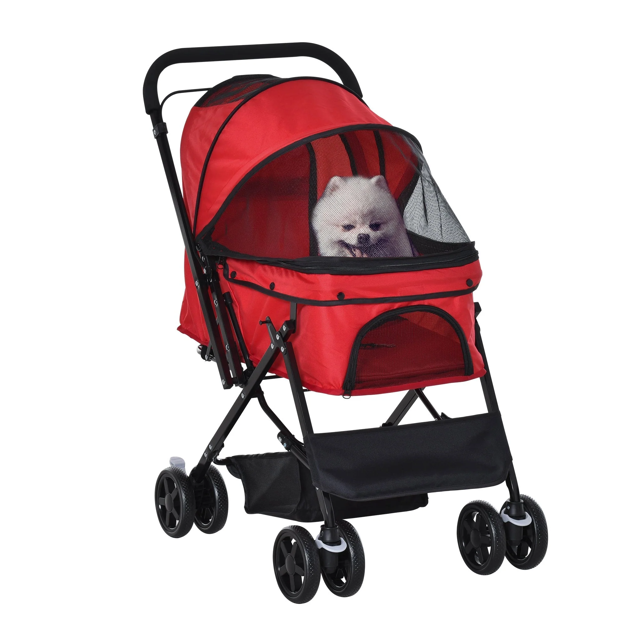 PawHut Pet Stroller Pushchair Foldable Travel Dog Cat Carriage w/ Reversible Handle Brake Basket - Image 3