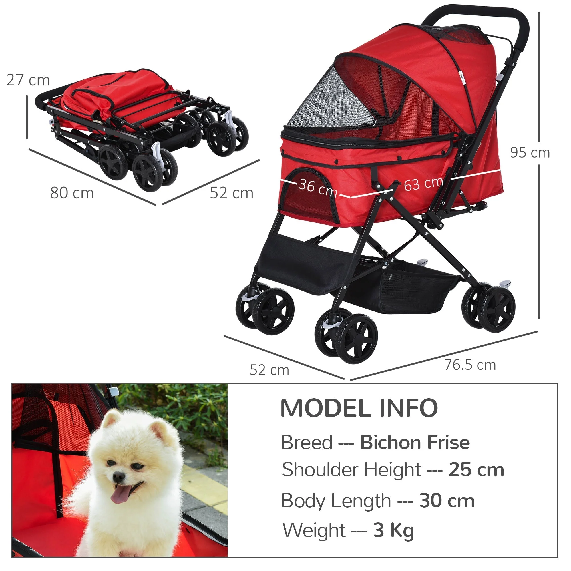 PawHut Pet Stroller Pushchair Foldable Travel Dog Cat Carriage w/ Reversible Handle Brake Basket - Image 4