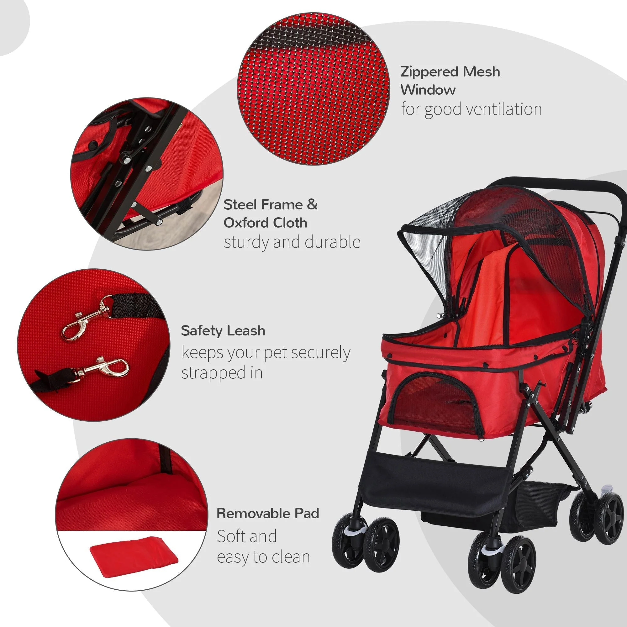 PawHut Pet Stroller Pushchair Foldable Travel Dog Cat Carriage w/ Reversible Handle Brake Basket - Image 8