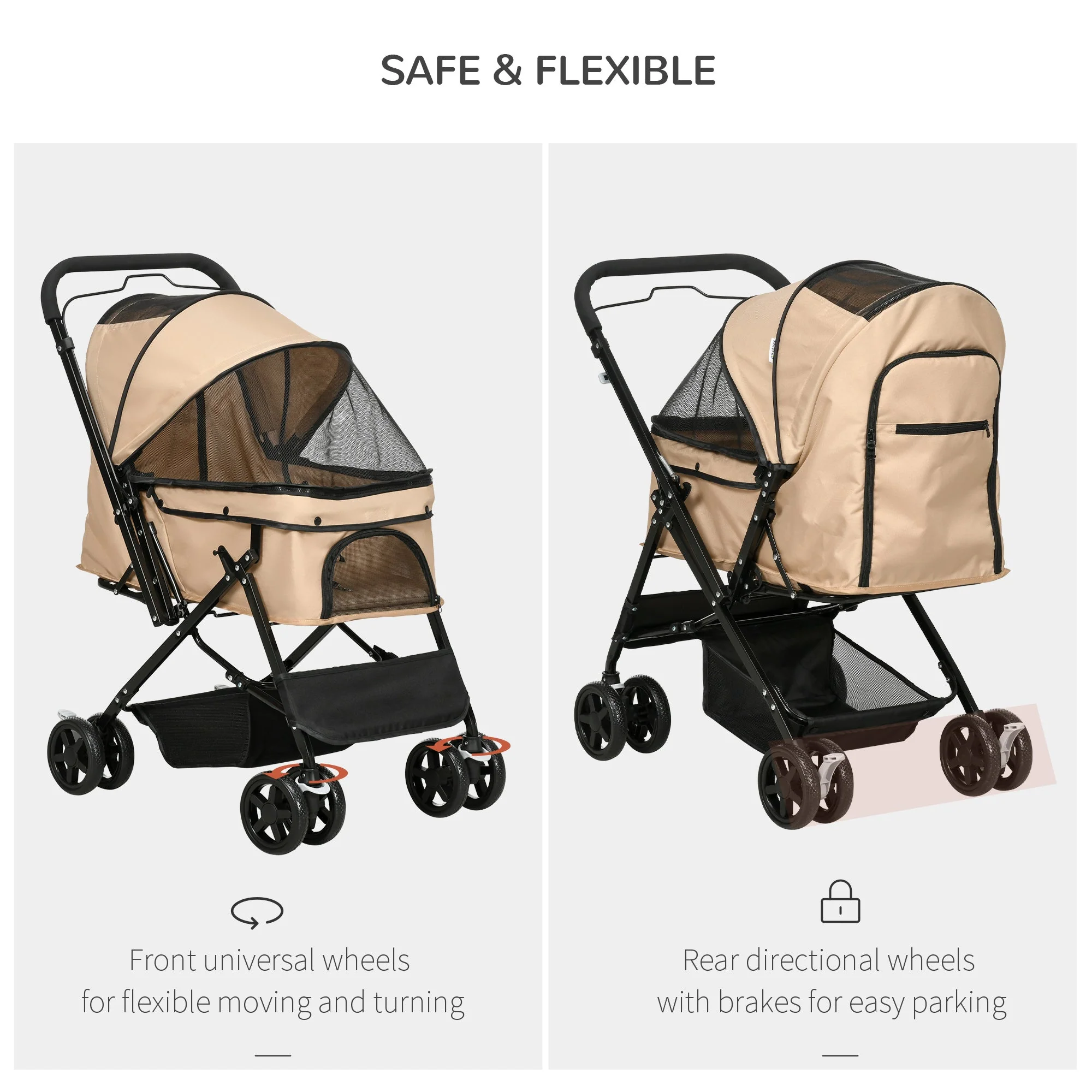 PawHut Pet Stroller Pushchair Foldable Travel Dog Cat Carriage w/ Reversible Handle Brake Basket - Image 2