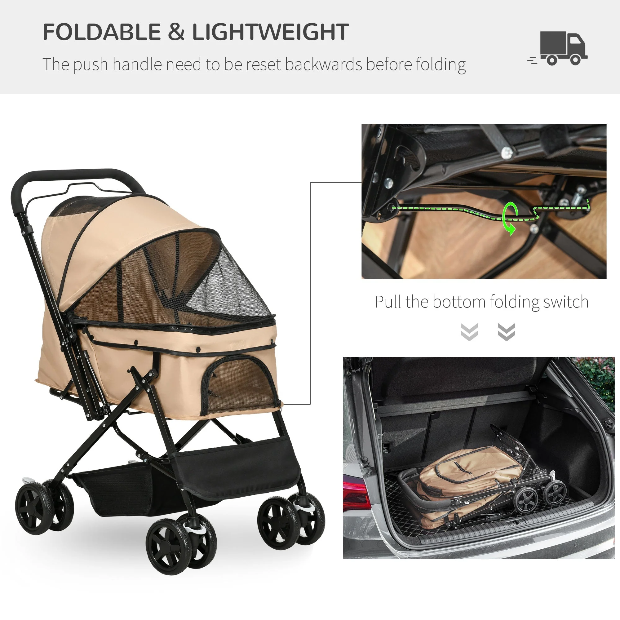 PawHut Pet Stroller Pushchair Foldable Travel Dog Cat Carriage w/ Reversible Handle Brake Basket - Image 6