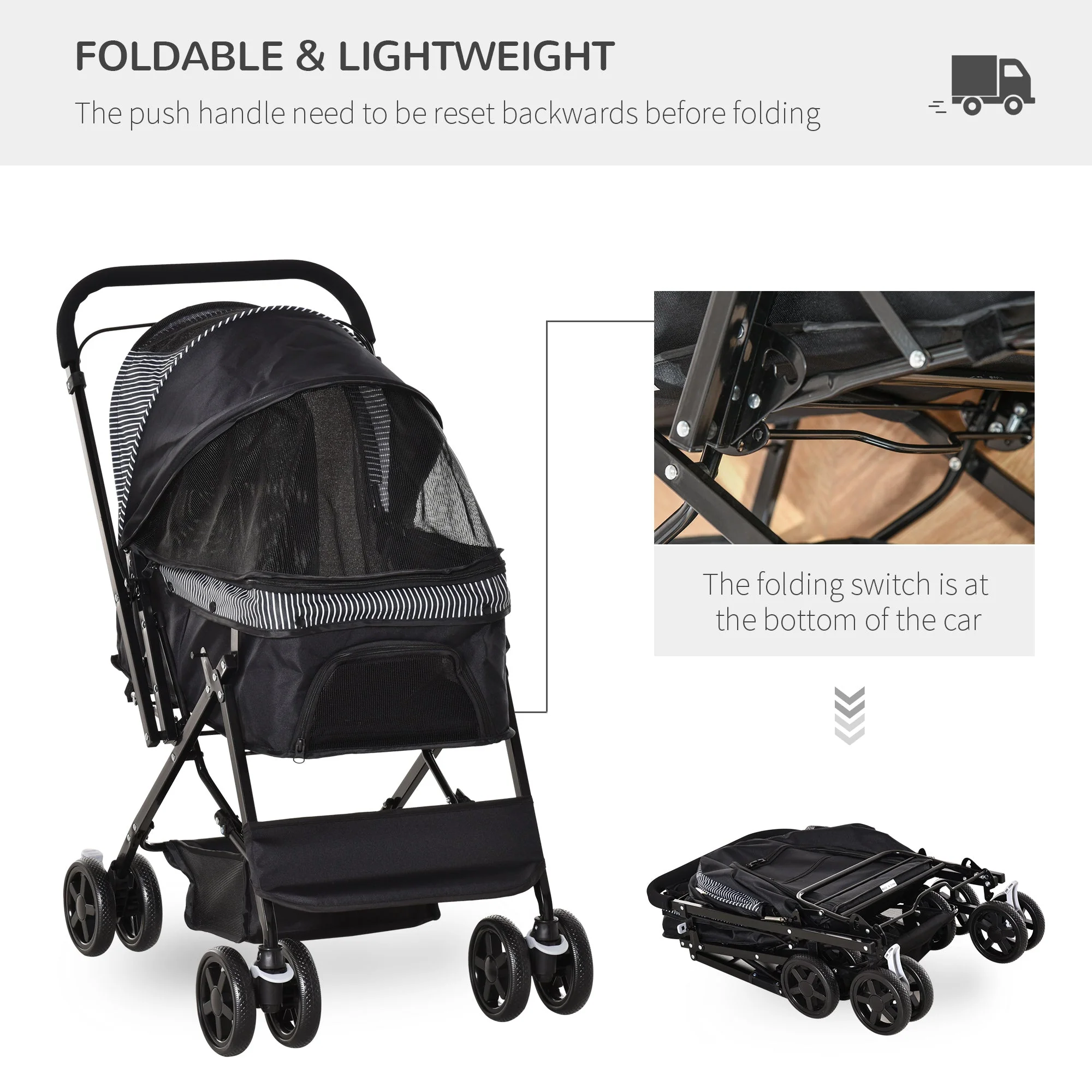 PawHut Pet Stroller Pushchair Foldable Travel Dog Cat Carriage w/ Reversible Handle Brake Basket - Image 4