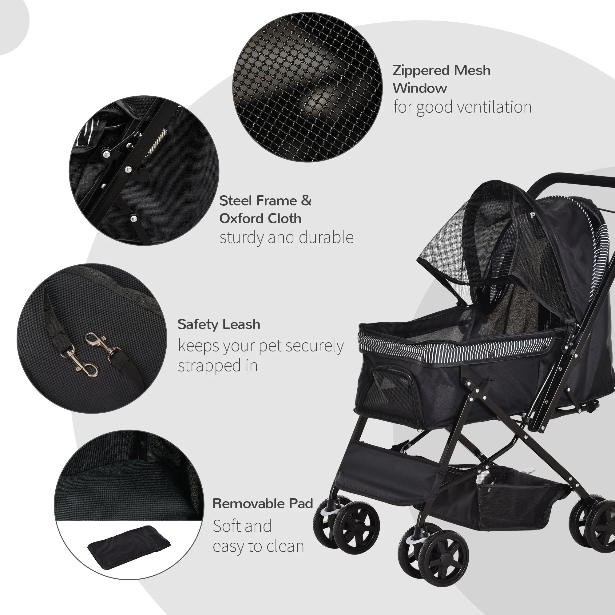 PawHut Pet Stroller Pushchair Foldable Travel Dog Cat Carriage w/ Reversible Handle Brake Basket - Image 5
